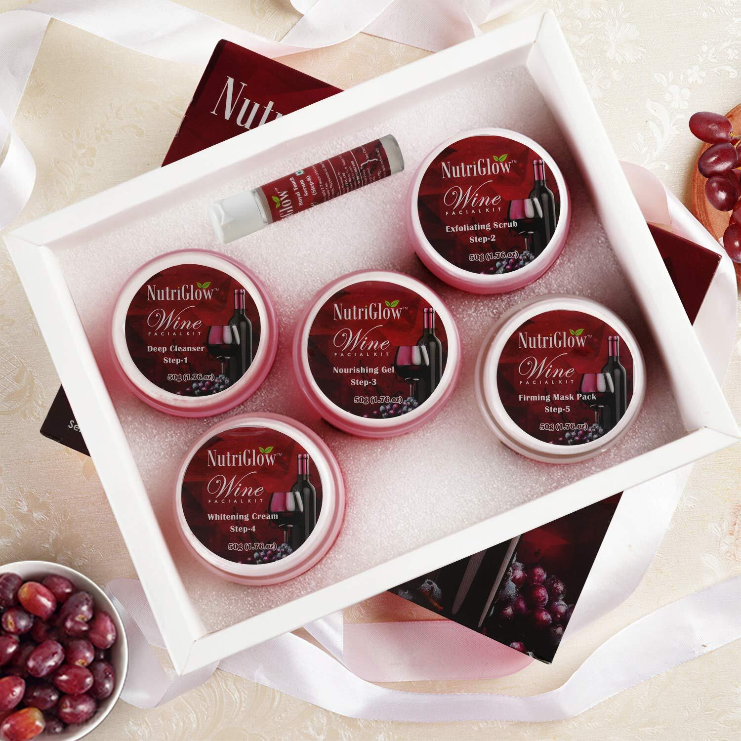 Nutriglow Instant Glow Beauty Wine Facial Kit With Goodness Of Red Grape Extracts, All Type Of Skin Solution For Men & Women 260 Gm With Free 5 In 1 Face Massager For Facial