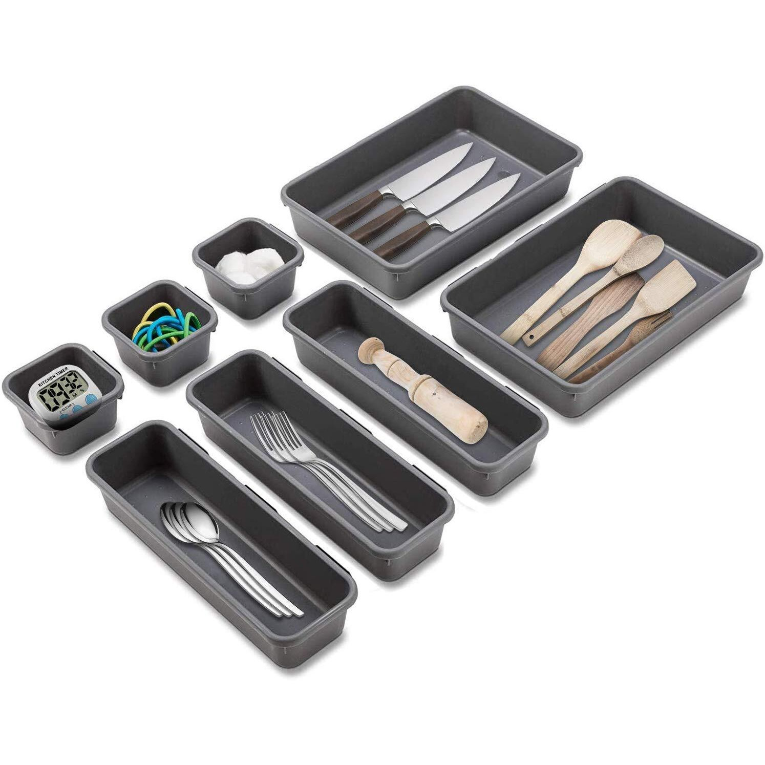 Inovera (Label) 16 Pieces Cutlery Tray For Kitchen Drawers - Interlocking Drawer Desk Organizer - Plastic Divider Trays (Dark Grey)