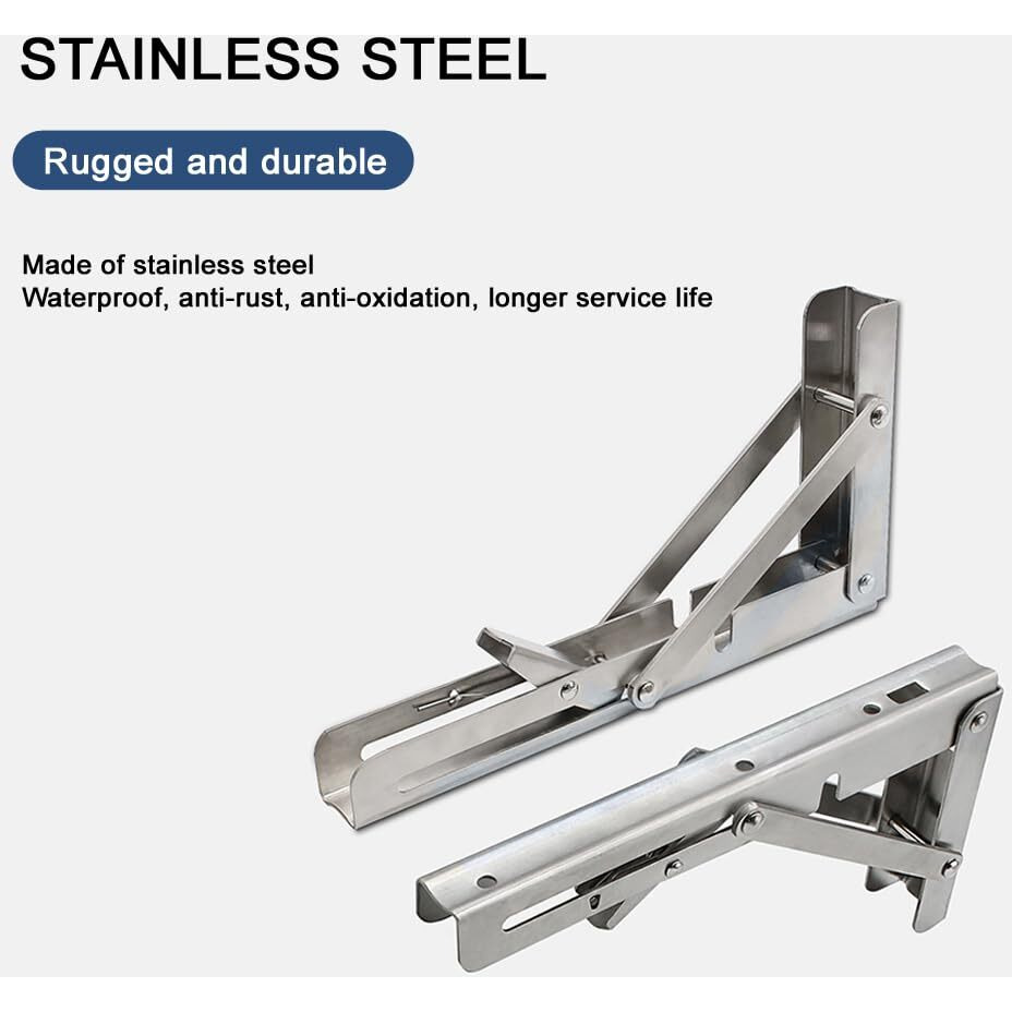 Volo Premium 200Mm/ 8" Foldable Stainless Steel Multipurpose Bracket, Shelf Bracket, L Bracket, Wall Brackets, Wall Angle Bracket, Folding Table Bracket With Fittings For Fold Down Table.