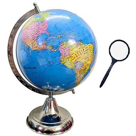 Geokraft Political Educational 8 Inch Rotating World Globe With Nickel Plated Metal Base,Blue,Pack Of 1 Set