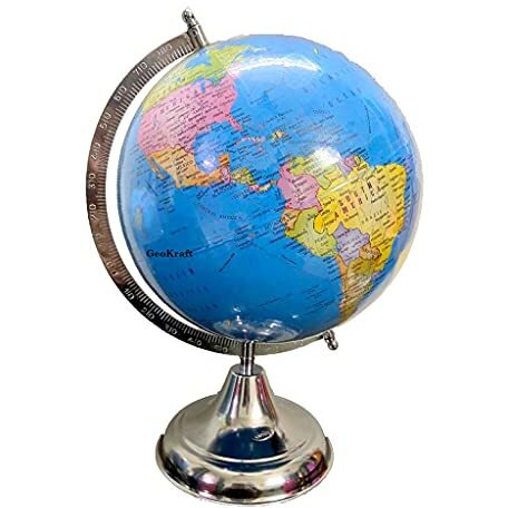 Geokraft Political Educational 8 Inch Rotating World Globe With Nickel Plated Metal Base,Blue,Pack Of 1 Set