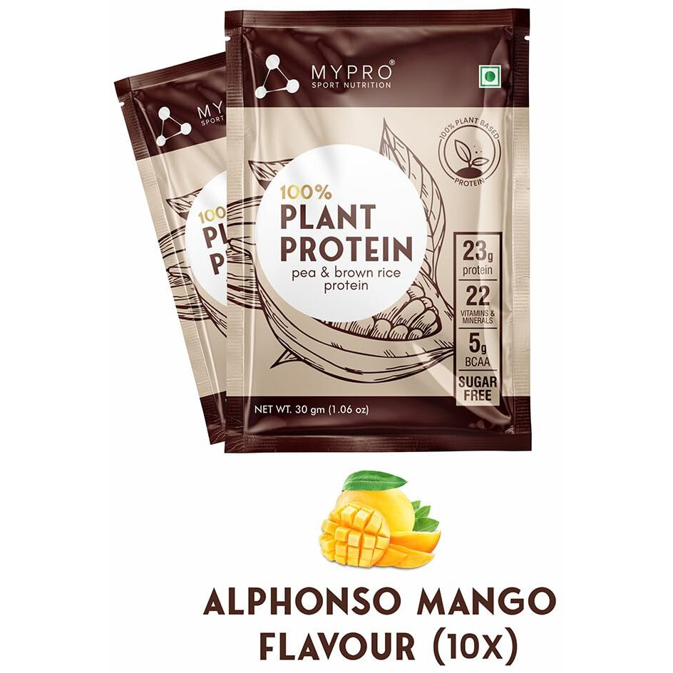 Mypro Sport Nutrition Plant Protein Powder Pea Protein Isolate & Brown Rice Vegan Protein Powder-Pack Of 10 Sachets, Travel Pack 30 Gm Each- Alphonso Mango Flavour