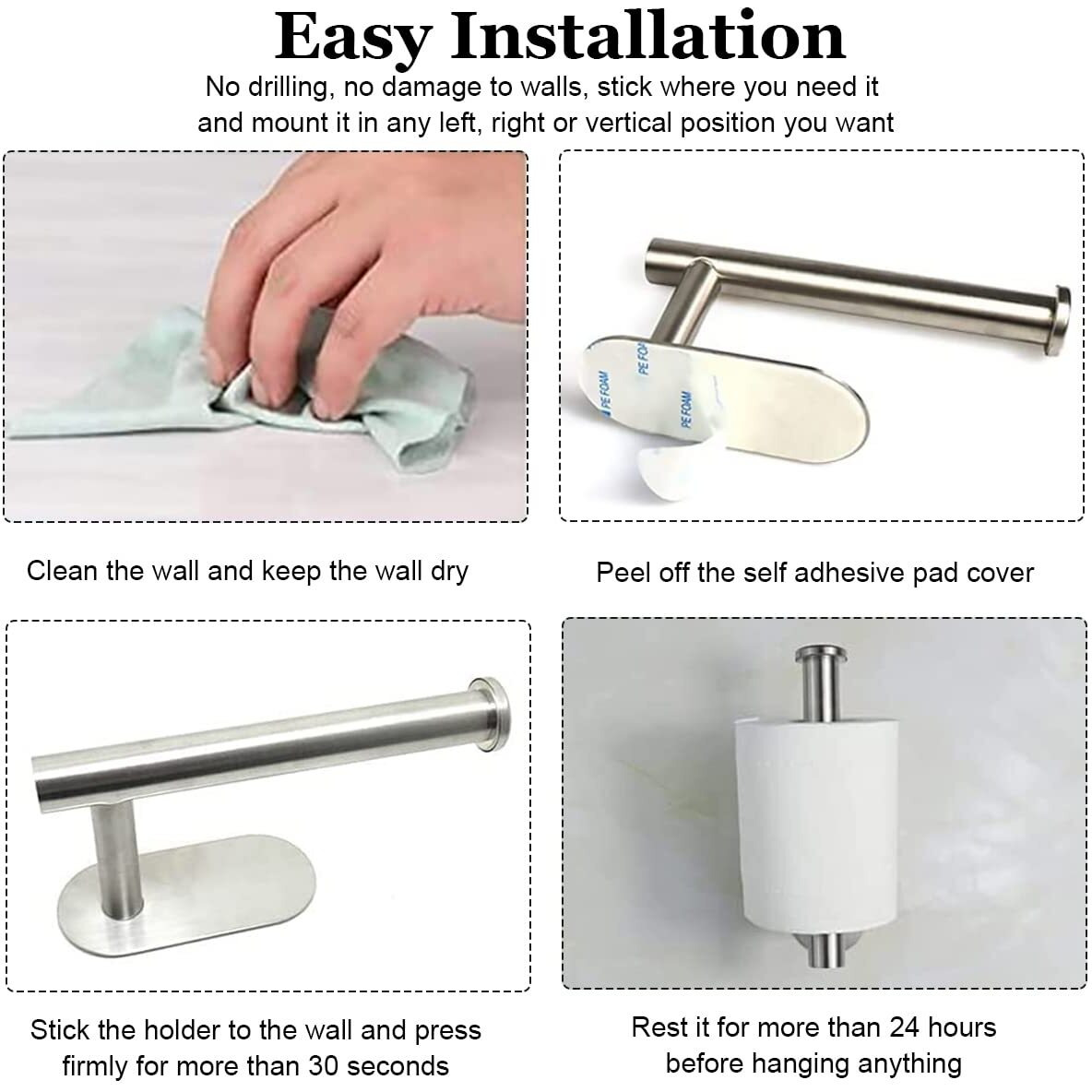 Hasthip Toilet Paper Holder Self Adhesive, Thicken 304 Stainless Steel Rustproof Adhesive Toilet Roll Holder No Drilling For Bathroom, Kitchen, Washroom, Chrome Finish, 16 * 4.5 * 8.2Cm (Silver)