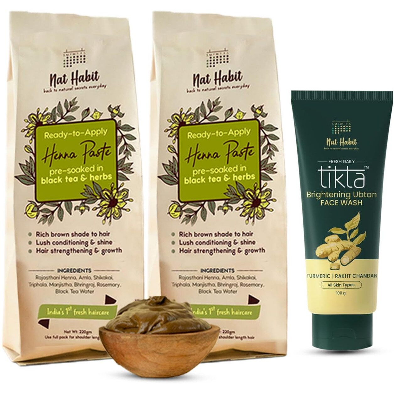 Nat Habit Ready To Apply Henna Paste & Brightning Ubtan Face Wash Combo For Men & Women Natural Glow, Rich Dark Brown Shade Suitable For All Hair & Skin Types (Combo Pack Of 3)