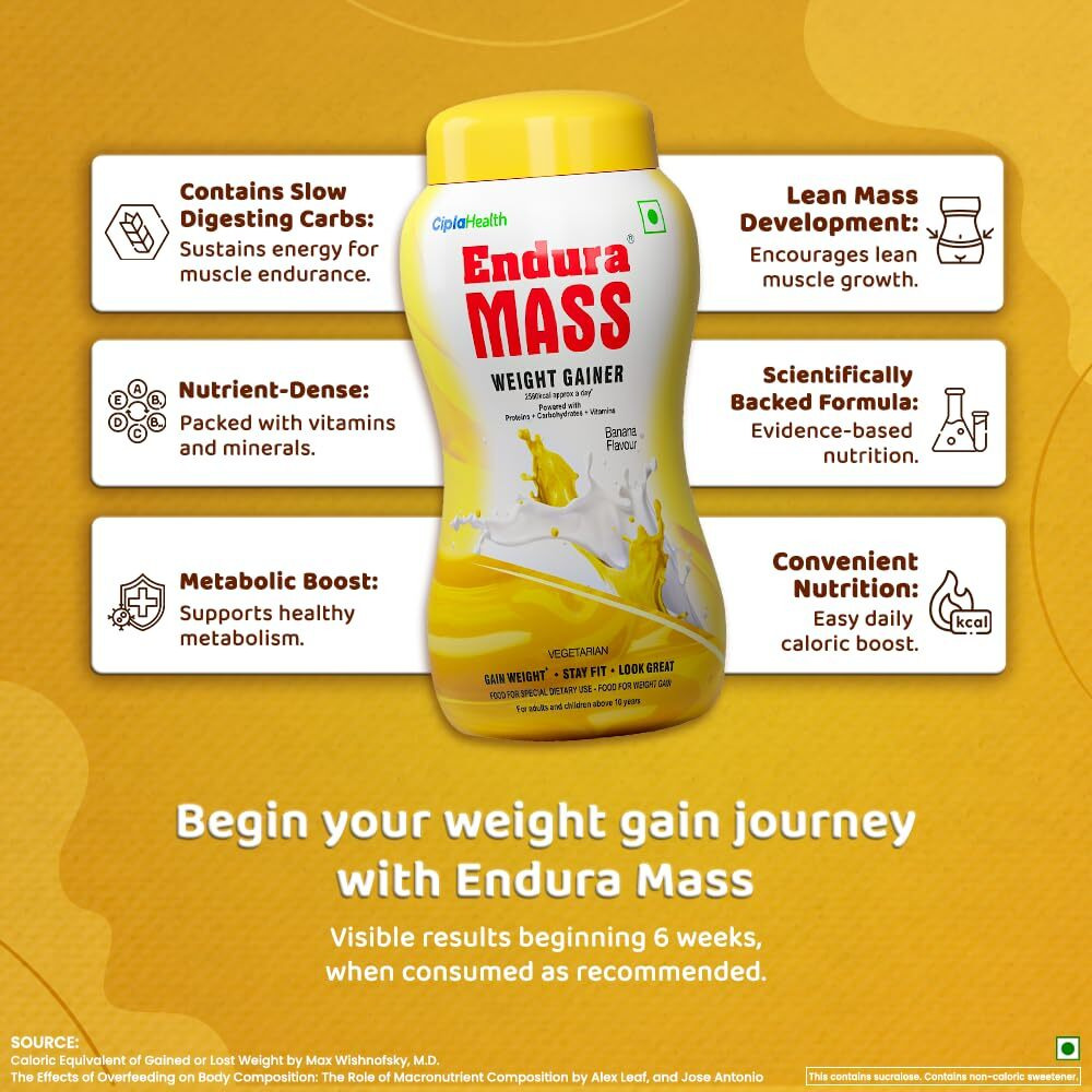 Endura Mass Weight Gainer Powder 500G Banana Flavour | Unique Blend Of 3 Sources Of Protein, Carbs, Vitamins & Essential Minerals | Ideal For Children Above 10 Years, Men, Women & Athletes