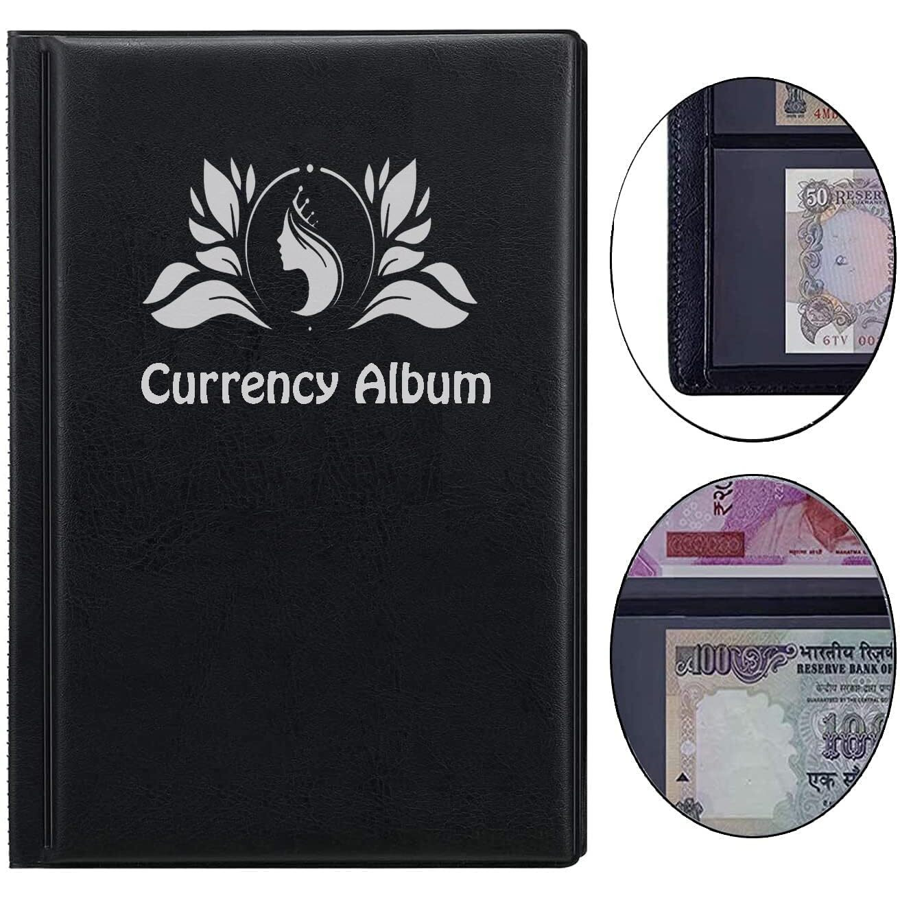 Lewano Leather Currency Album For Notes (90 Pockets)- Fits Big Currency Notes - Black