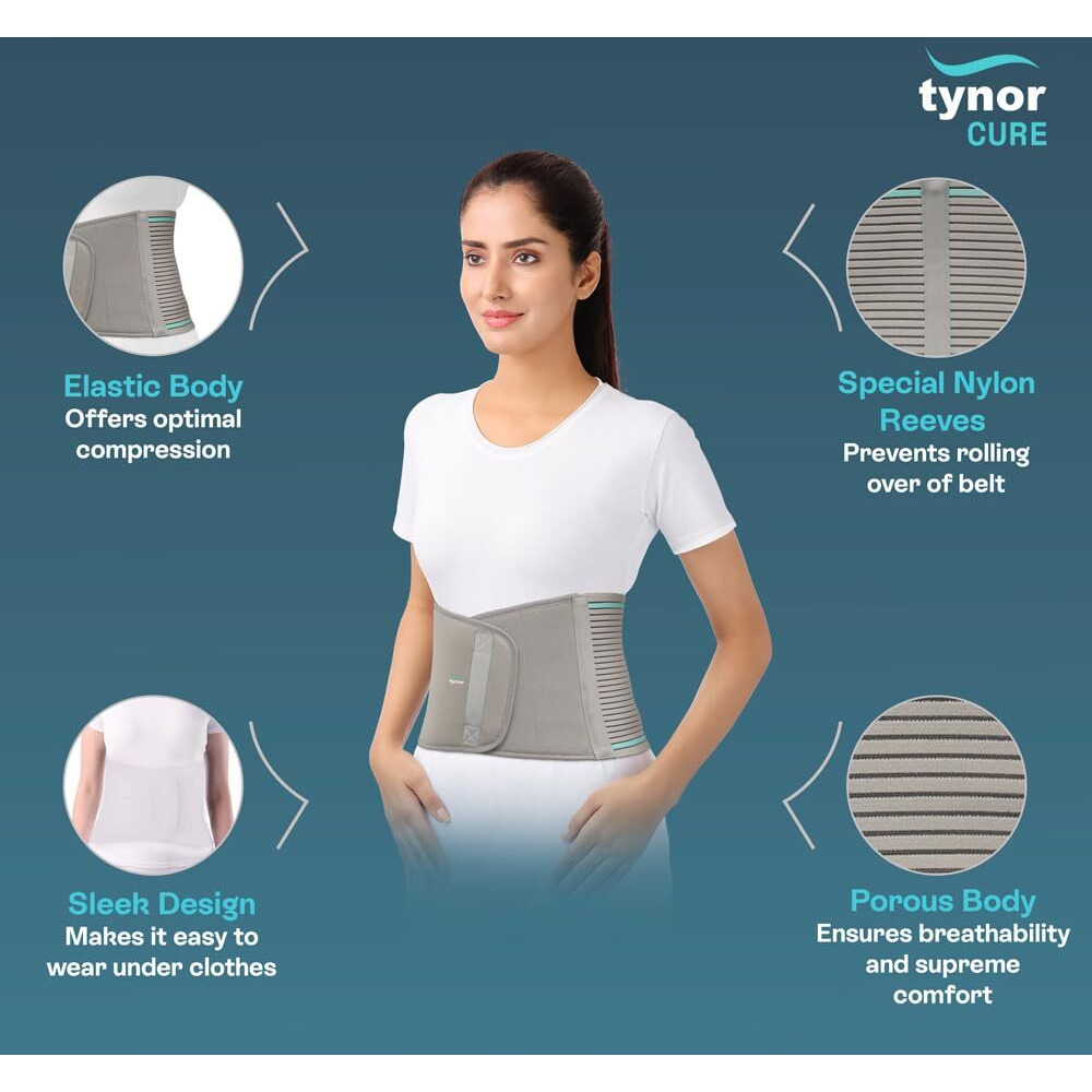 Tynor Abdominal Support 9"/23Cm - Lower Back Support Belt Brace For Men & Women | Breathable, Pain Relief & Recovery, Pack Of 1 (Grey, Medium)
