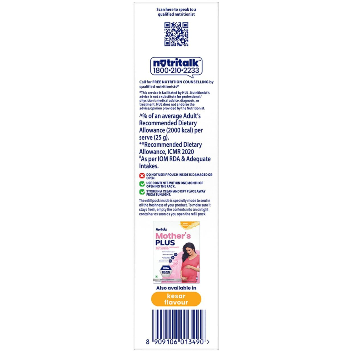 Horlicks Mother's Plus Vanilla 400 / 500 G Bib, For Pregnancy And Lactation With Protein For Birth Weight And Dha For Brain Development- No Added Sugar