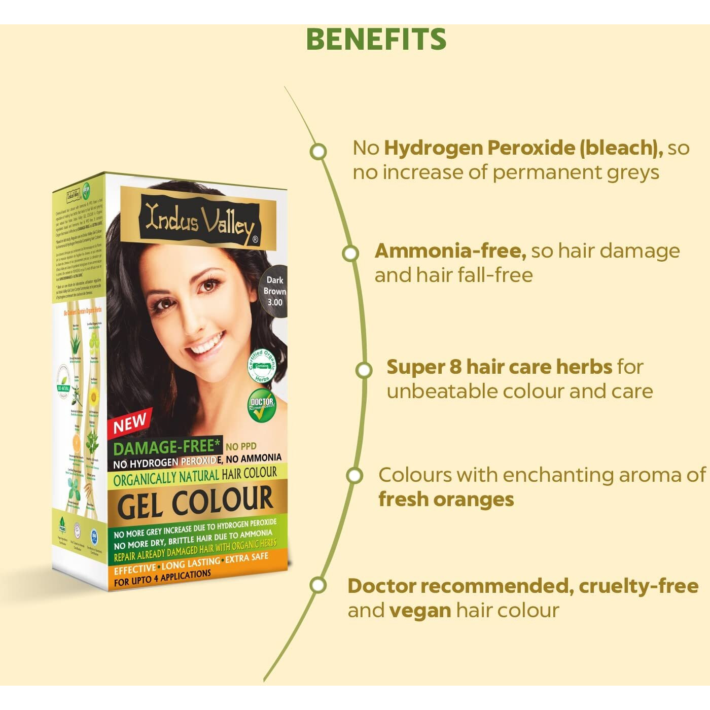 Indus Valley Damage Free Natural Gel Hair Colour For Women | Ammonia & Ppd Free Organic Hair Colour With 100% Grey Coverage, Long Lasting Conditioning Hair Color | Dark Brown 3.00-220 Ml