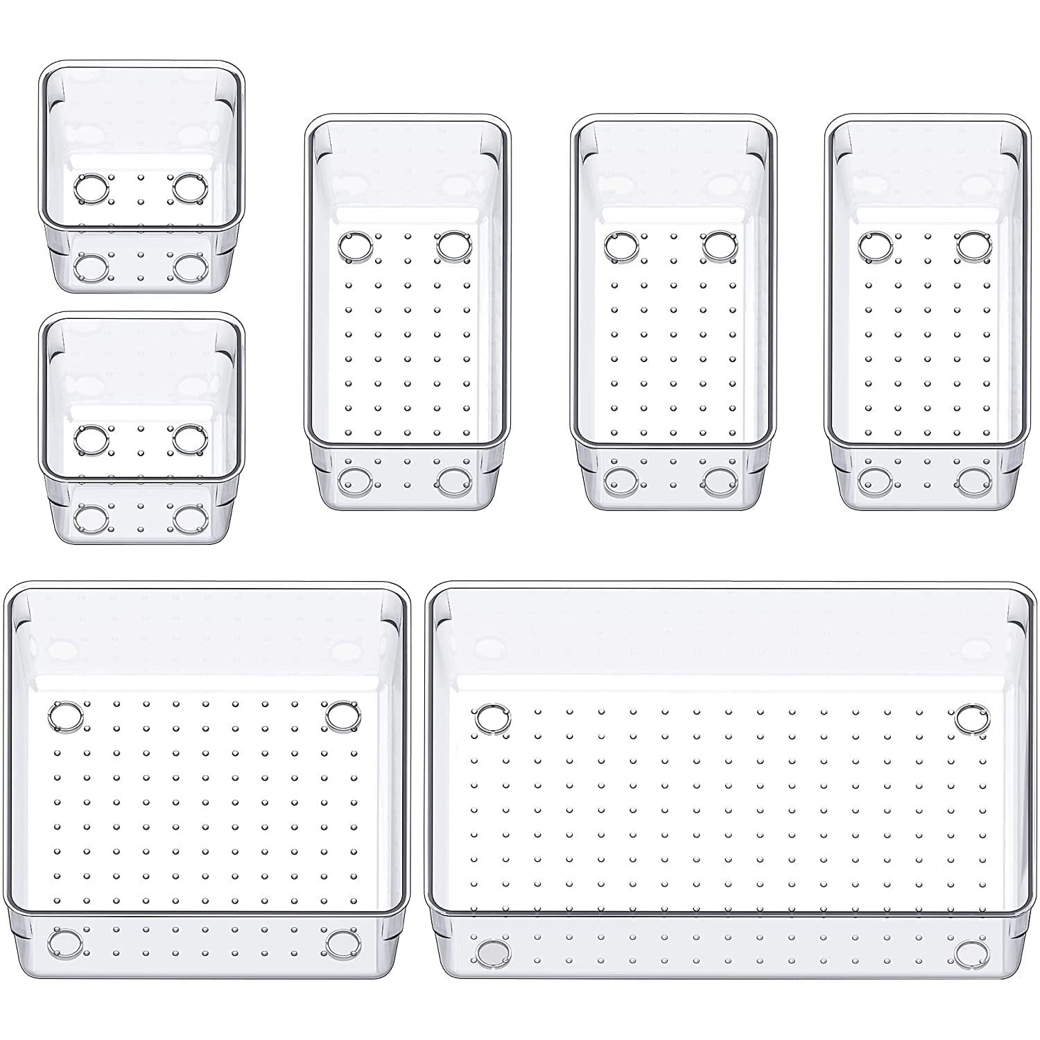 Golden Bird Inside Drawer Organizer Set Dresser Desk Drawer Dividers,Multipurpose Plastic Storage Bins For Bathroom Vanity Cosmetic,Jewelries,Kitchen Gadgets, Office Accessories (7 Pcs),Transparent