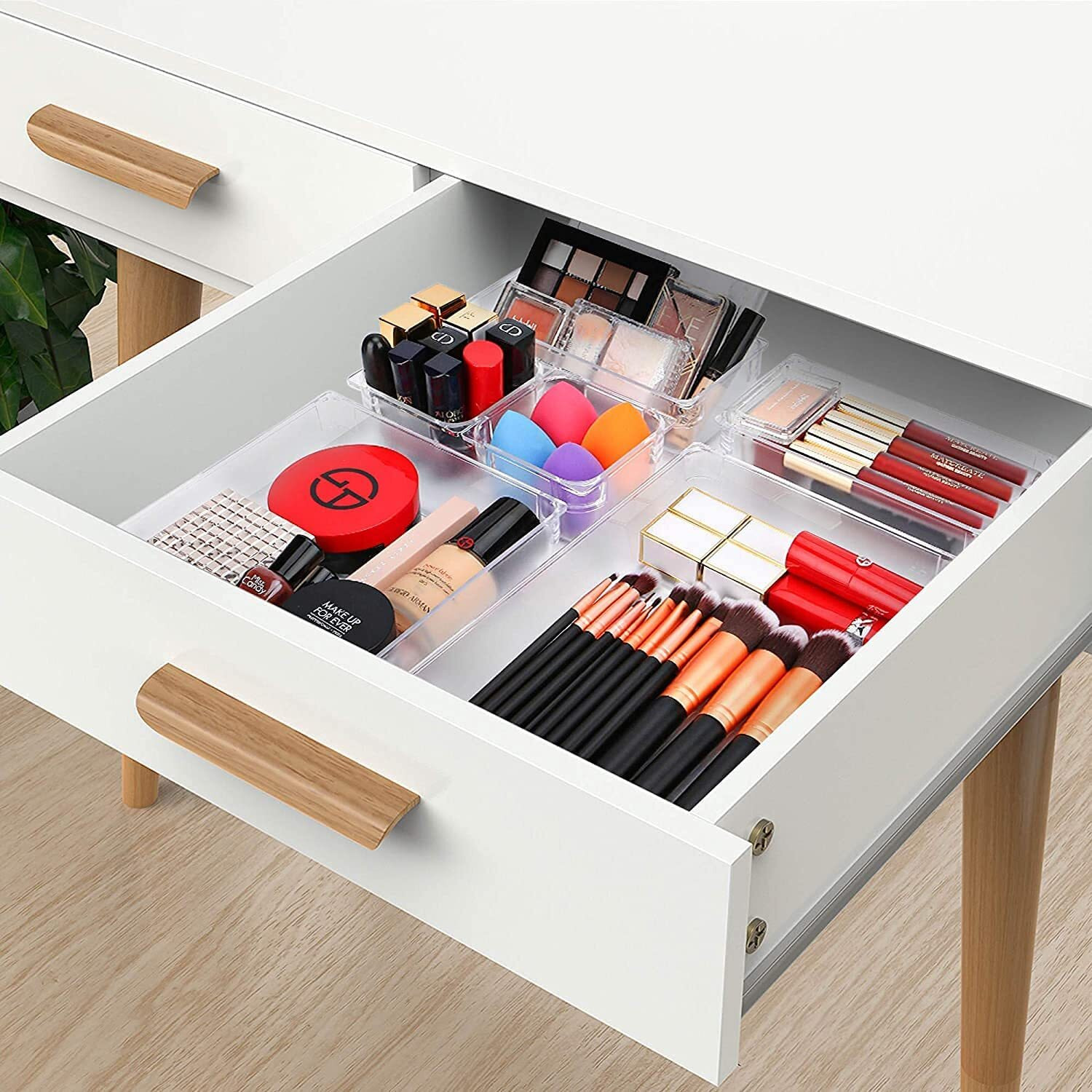 Golden Bird Inside Drawer Organizer Set Dresser Desk Drawer Dividers,Multipurpose Plastic Storage Bins For Bathroom Vanity Cosmetic,Jewelries,Kitchen Gadgets, Office Accessories (7 Pcs),Transparent