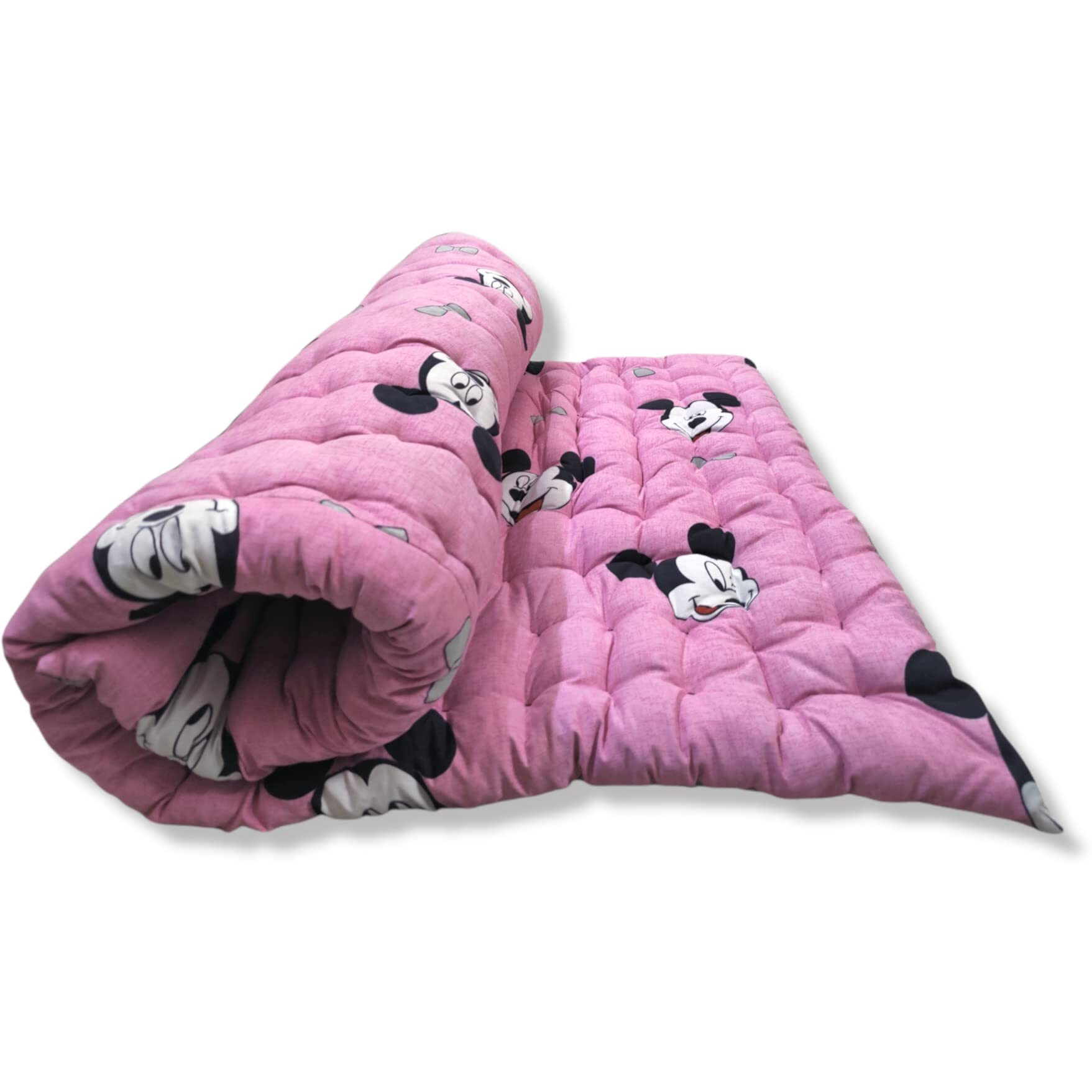 Deevine Craft Soft Cotton Quilt | Foldable Movable Picnic Light Weight Filled Single Firm Mattress| Gadda (3D Design Printed, 1 Sleeping Capacity, 3 X 6 Ft Or 72 X 36 Inches) (Pink Mickey Mouse)