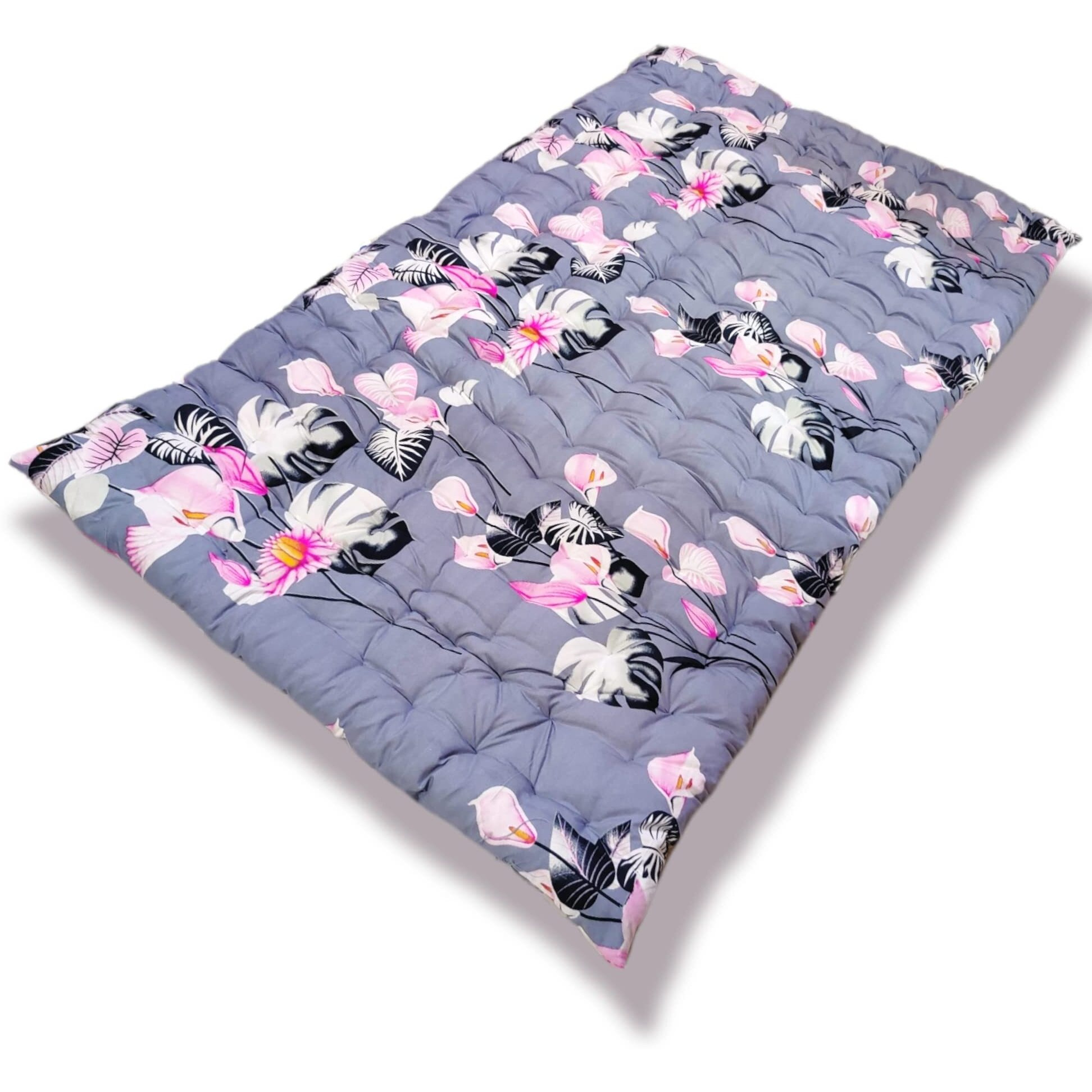 Deevine Craft Soft Cotton Quilt Mattress Foldable Movable Picnic Light Weight Filled Single Firm Mattress| Gadda (3D Design Printed, 1 Sleeping Capacity, 3 X 6 Ft Or 72 X 36 Inches) (Grey Pink Floral)