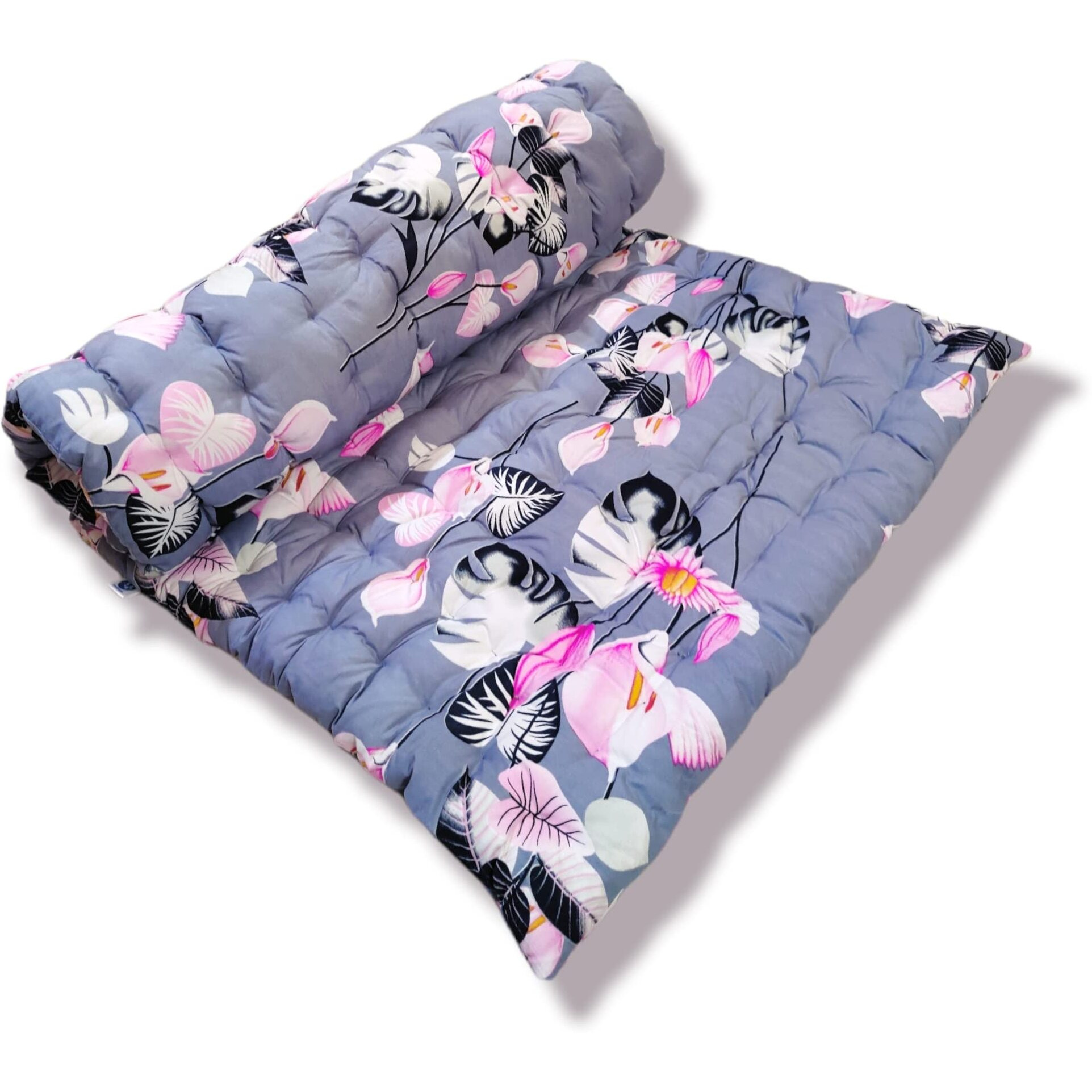 Deevine Craft Soft Cotton Quilt Mattress Foldable Movable Picnic Light Weight Filled Single Firm Mattress| Gadda (3D Design Printed, 1 Sleeping Capacity, 3 X 6 Ft Or 72 X 36 Inches) (Grey Pink Floral)