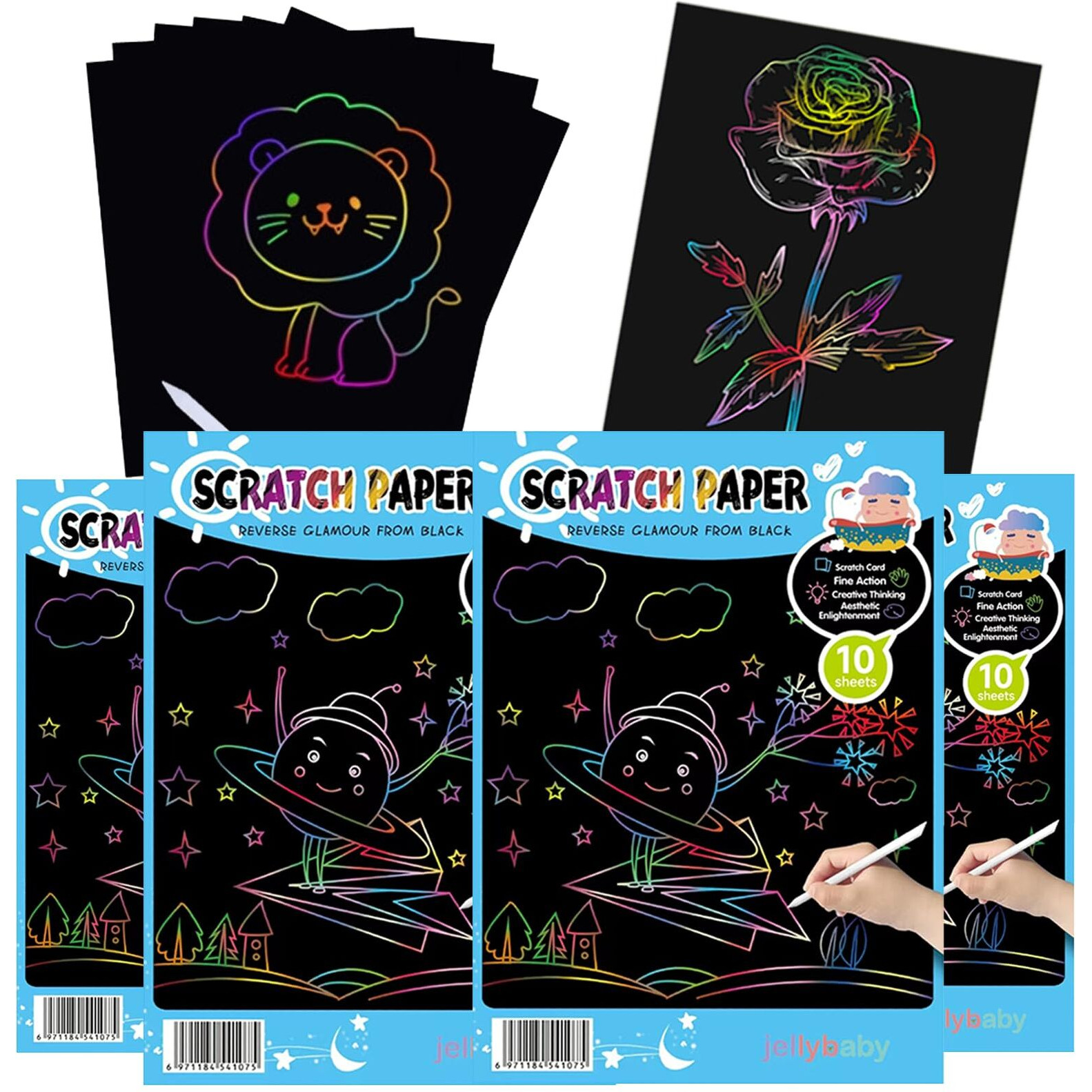Jellybaby Pack Of 4 Return Gifts For Birthday For Kids Party Scratch Art Sheets Magic Doodle Art Drawing Coloring Book Black Scratch Paper Note Art And Craft