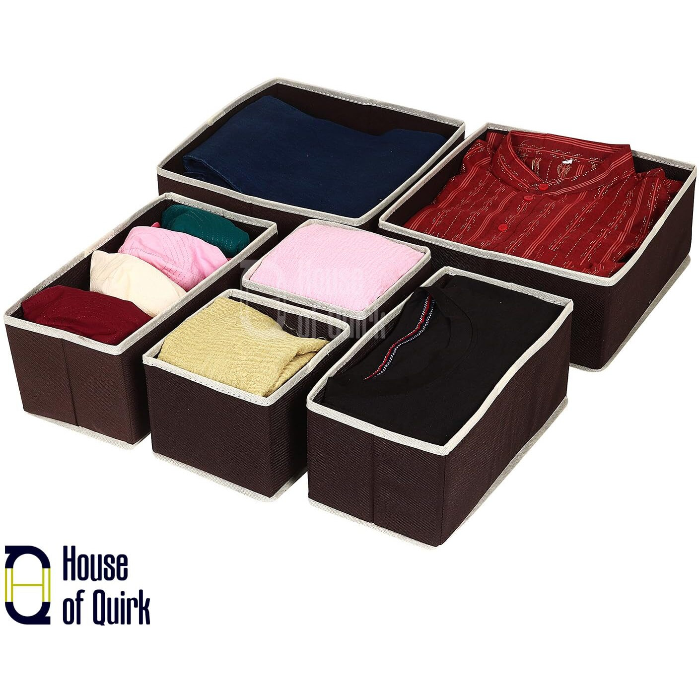 House Of Quirk Foldable Cloth Storage Box Closet Dresser Drawer Organizer Cube Basket Bins Containers Divider With Drawers For Underwear, Bras, Socks, Ties, Scarves, Set Of 6 (Brown)