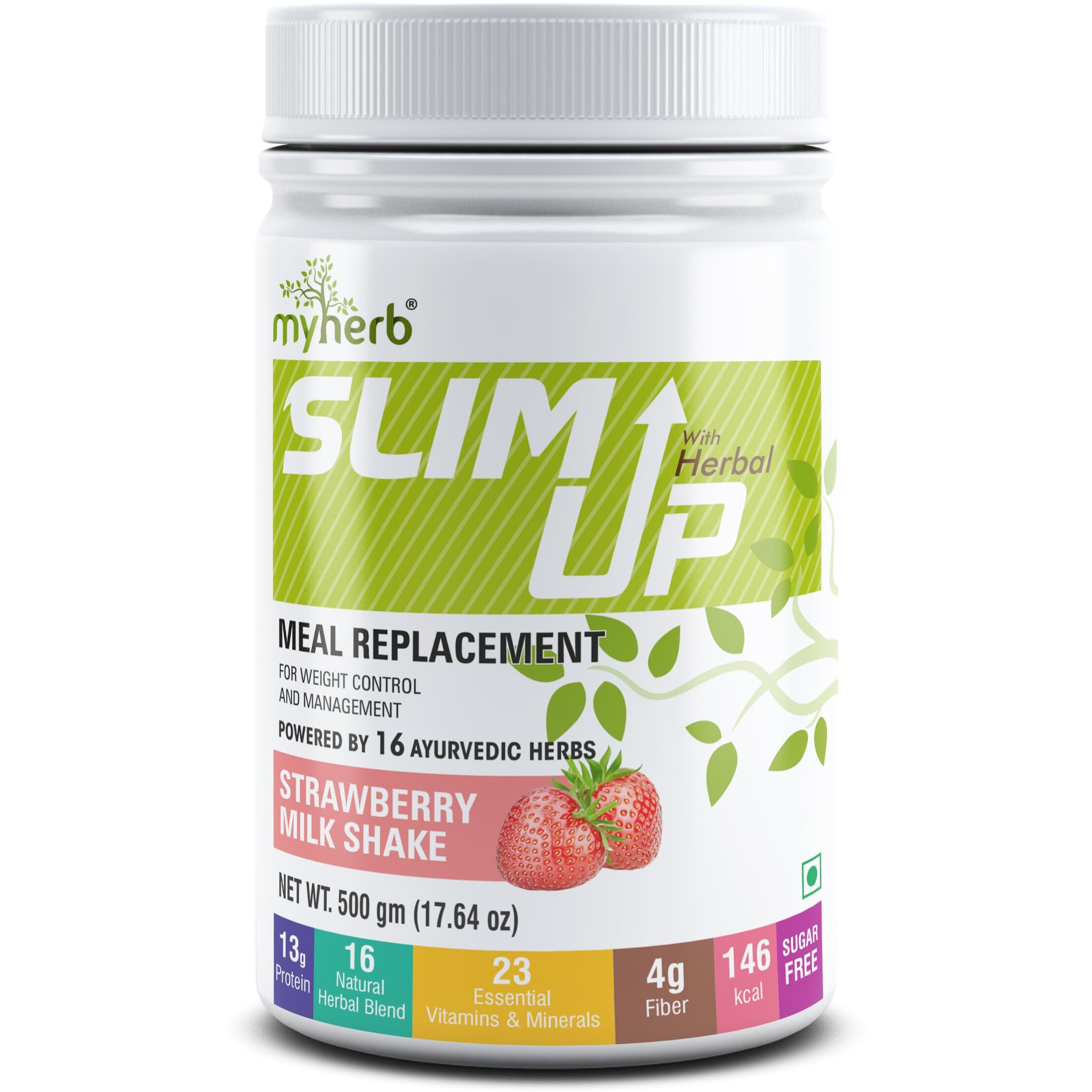 Myherb Slim Up Meal Replacement Shake With 16 Natural Herbal Blend (Ayurvedic Formula) For Weight Control&Management-13.5G Protein-23 Vitamins For Men&Women (Strawberry Milk Shake, 500 Gm)