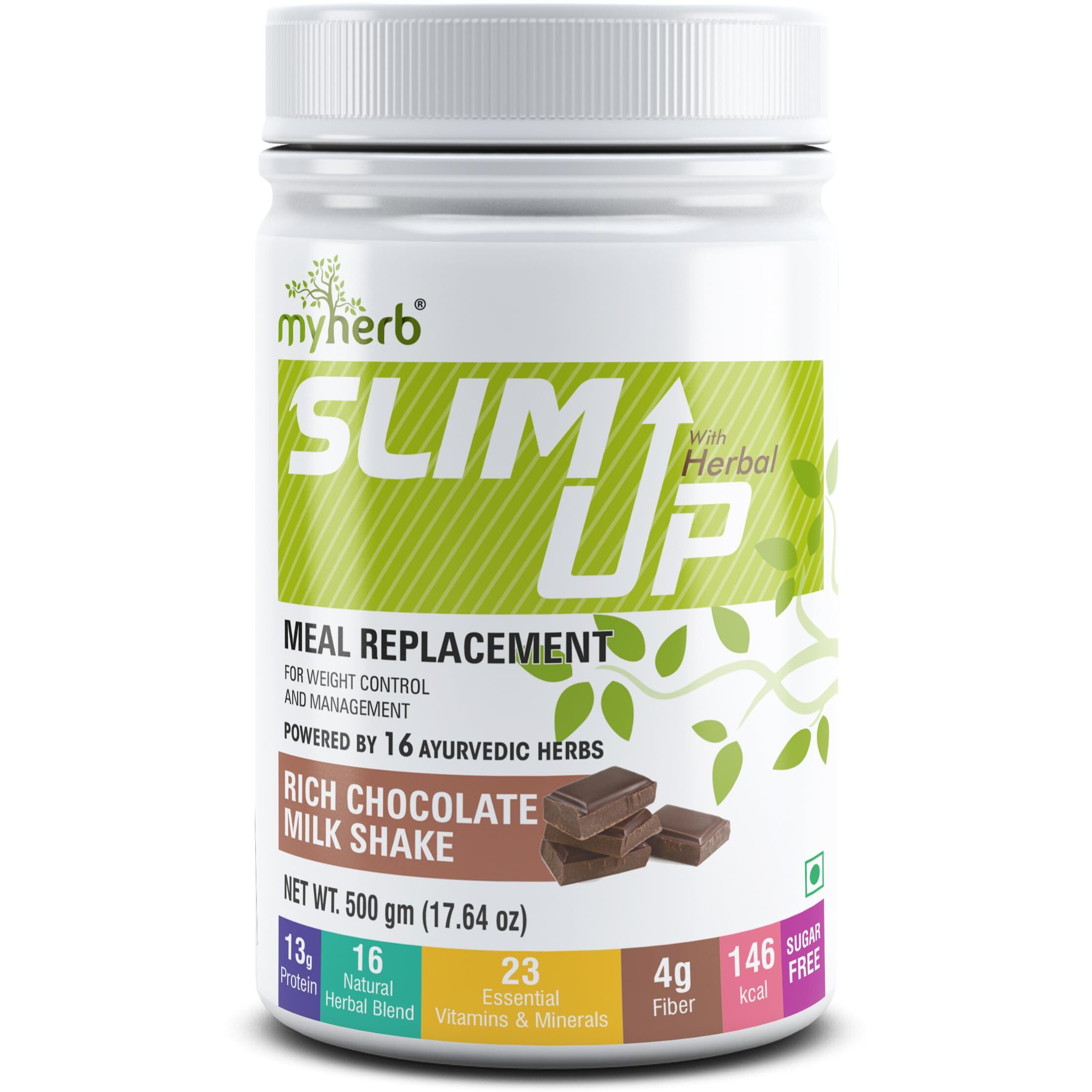 Myherb Slim Up Meal Replacement Shake With 16 Natural Herbal Blend (Ayurvedic Formula) For Weight Control&Management-13.5G Protein-23 Vitamins For Men&Women (Chocolate Milk Shake, 500 Gm)