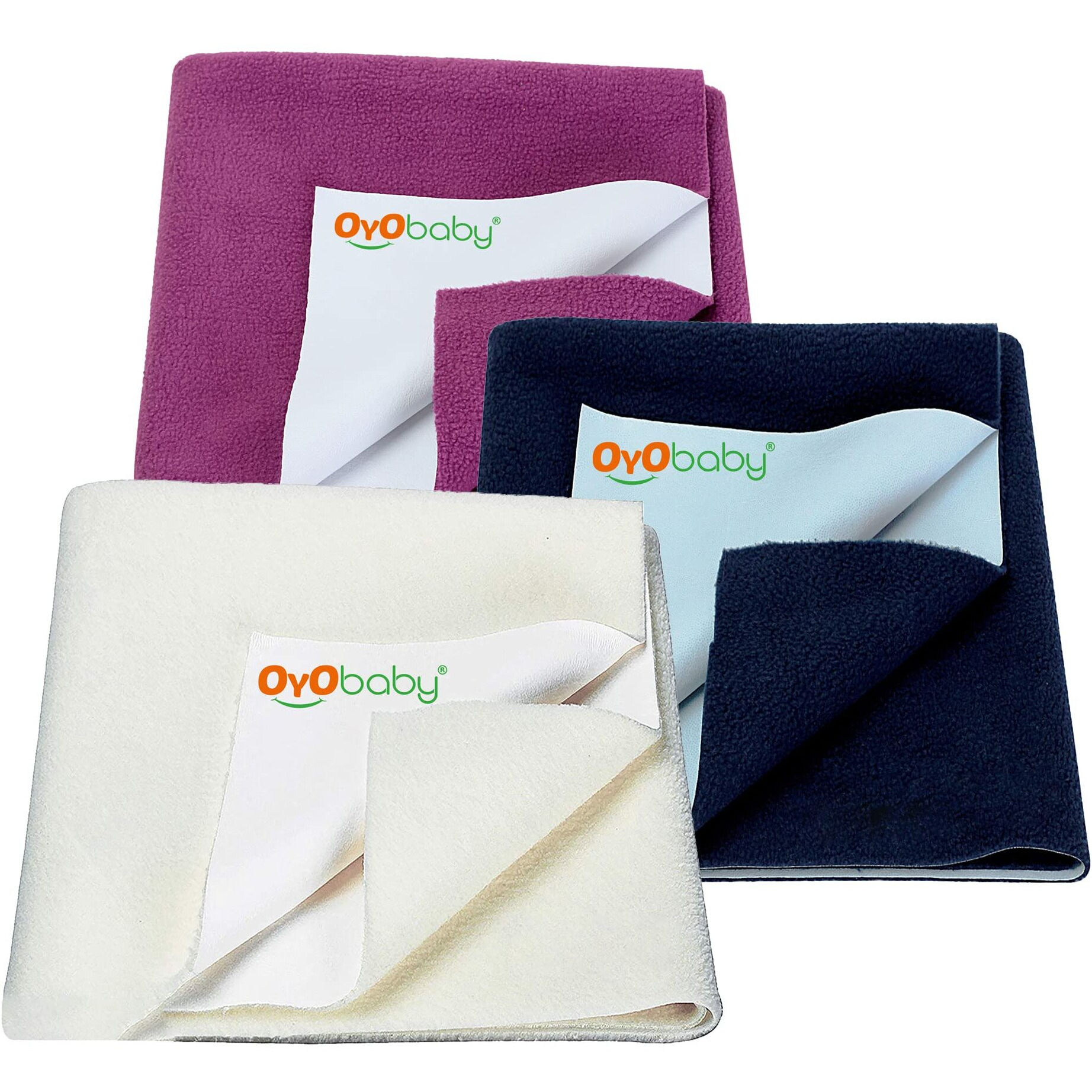 Oyo Baby Cotton Waterproof Sheet, Extra Absorbent Fastest Dry Sheet For Baby, Anti-Piling Fleece Baby Bed Protector, Medium Size 70X100Cm, Pack Of 3, Dark Sea Blue, Ivory & Rani Pink