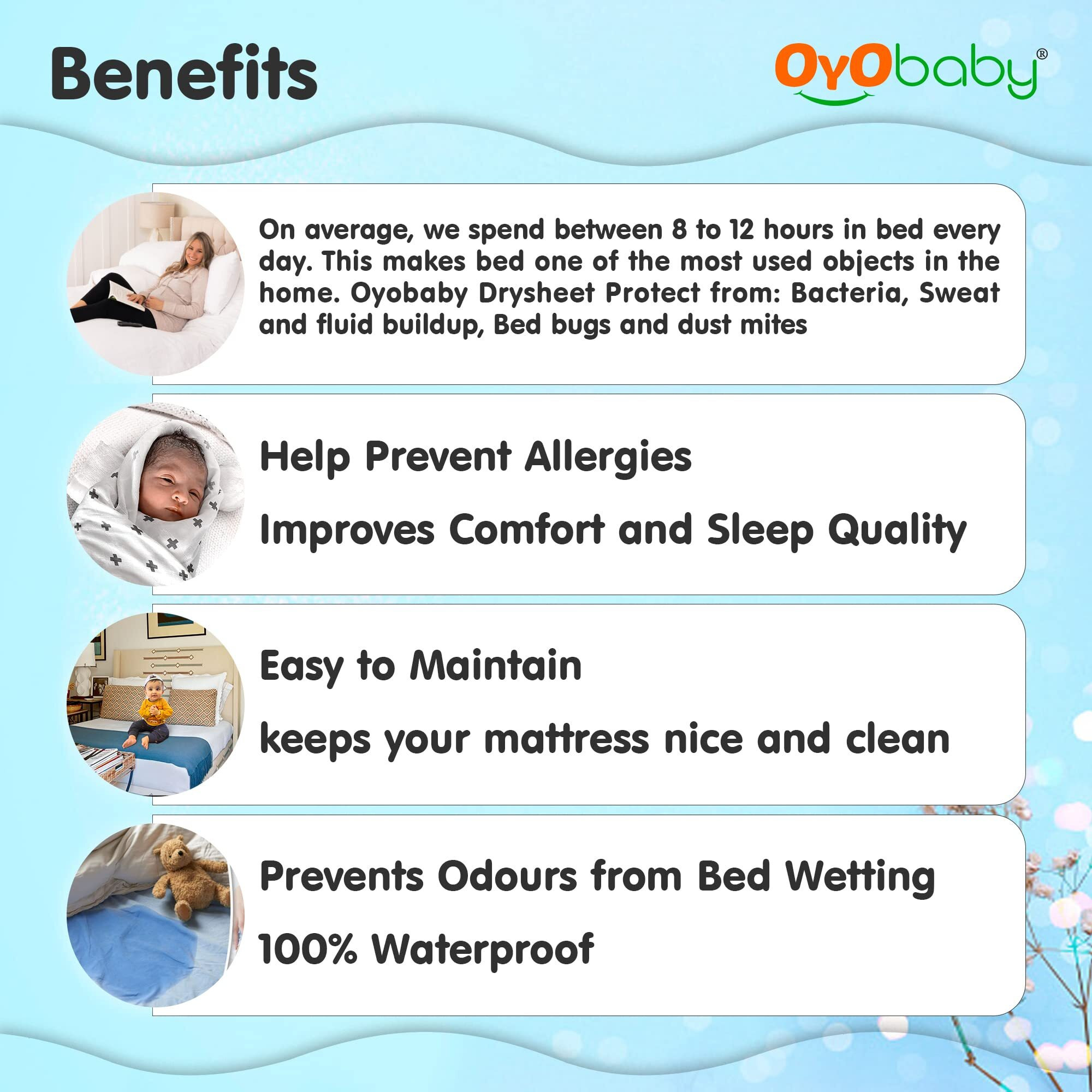 Oyo Baby Cotton Waterproof Sheet, Extra Absorbent Fastest Dry Sheet For Baby, Anti-Piling Fleece Baby Bed Protector, Medium Size 70X100Cm, Pack Of 3, Blue, Maroon & Light Green