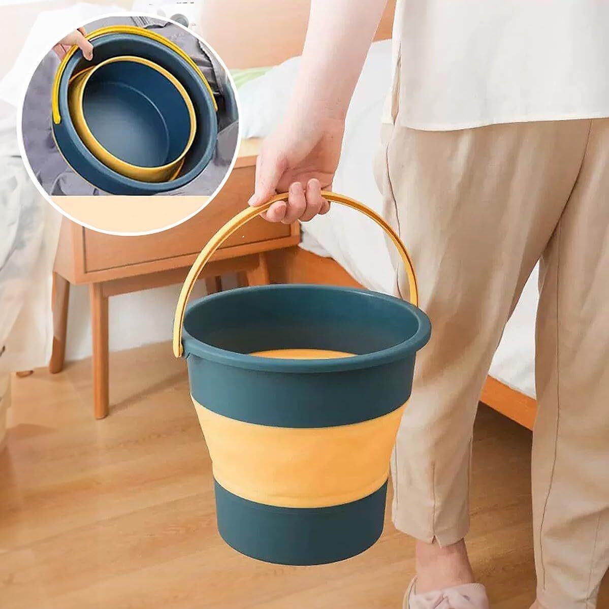 Wolpin Foldable Bucket For Bathroom Cleaning 10 Litre, Car Wahs, Foot Soak Hot/Cold Water, Small Yellow Blue