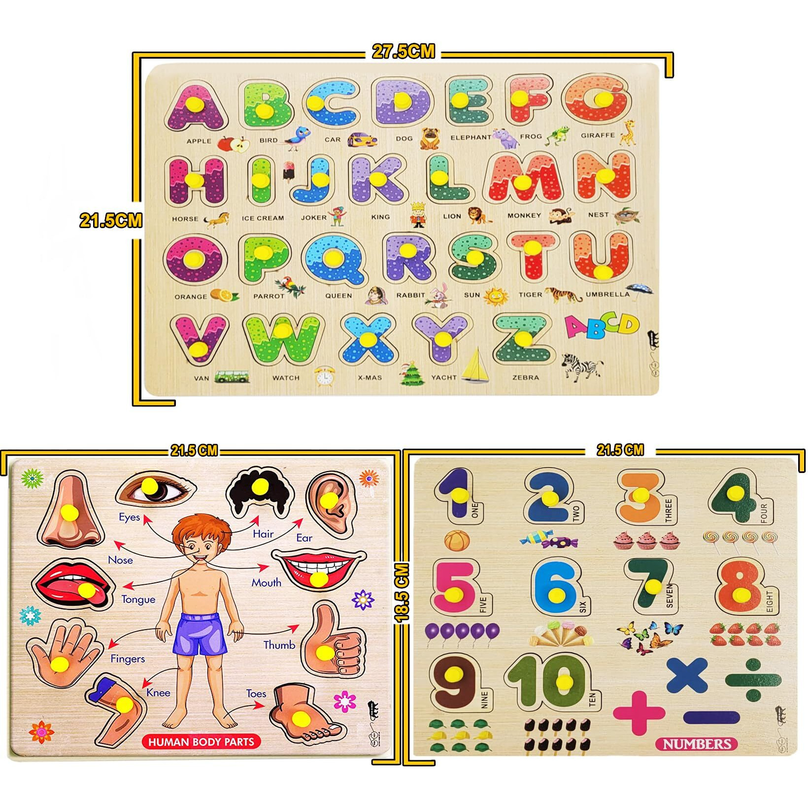 Appster Colorful Wooden Puzzle Toy For Kids Jigsaw Puzzles For Adults Baby Learning Educational Toys Board Game (Abcd + Body Parts + Number)