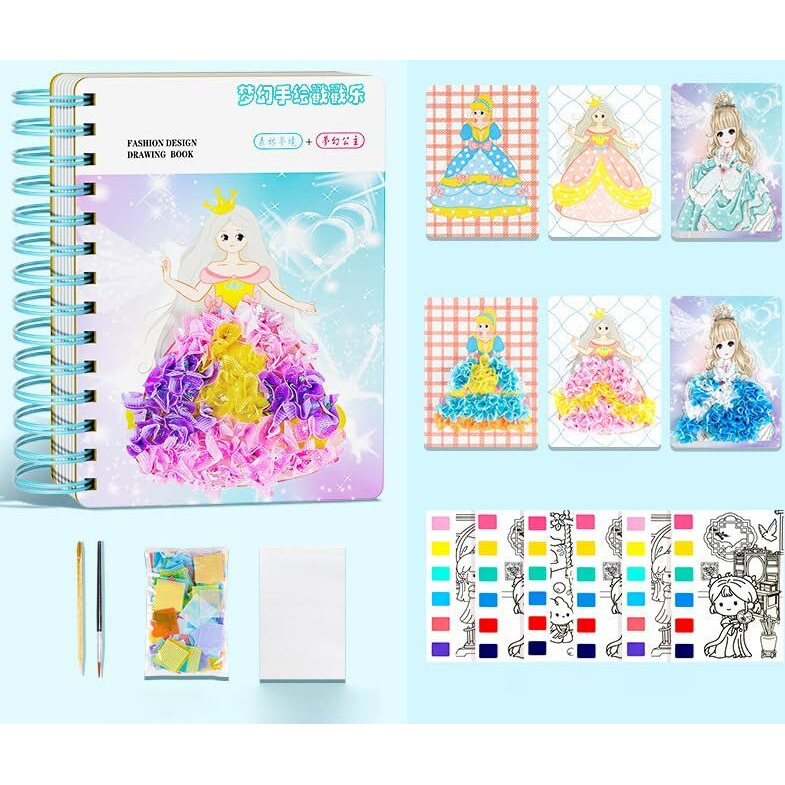 Cynvexa Fashion Design Drawing Book For Girls, Creative Puzzle Puncture Painting, Princess Dress Up Coloring Sticker Book With Watercolor Painting, Stickers, Poking, Diy Craft Kit For Girls Age 3-9