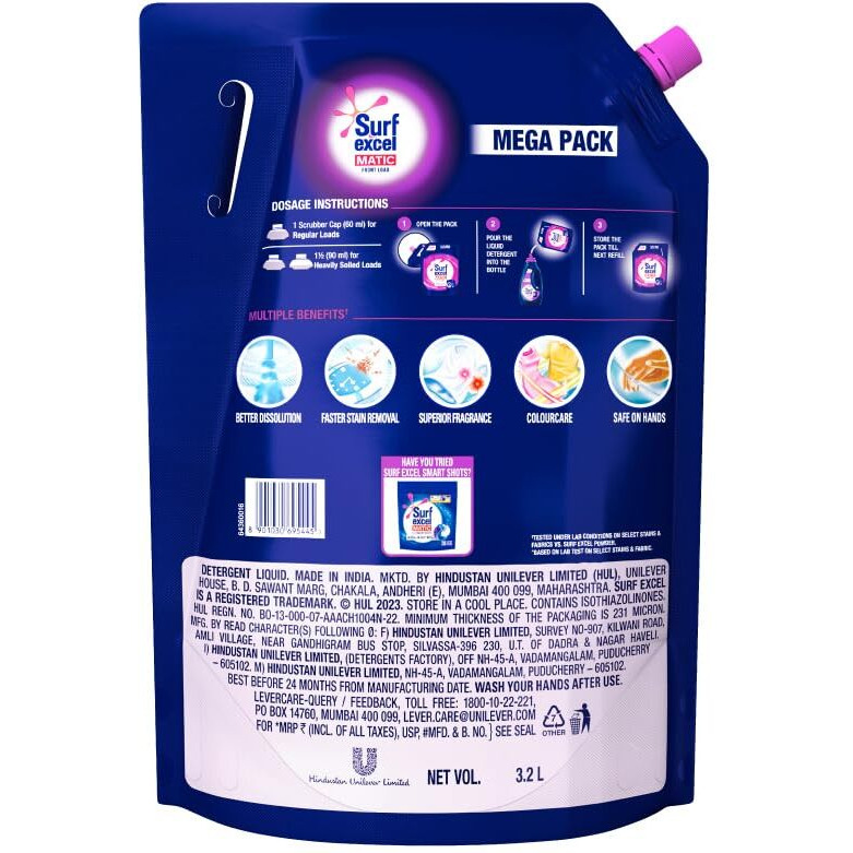 Surf Excel Matic Front Load Liquid Detergent 3.2 L Refill, Designed For Tough Stain Removal On Laundry In Washing Machines - Mega Pack