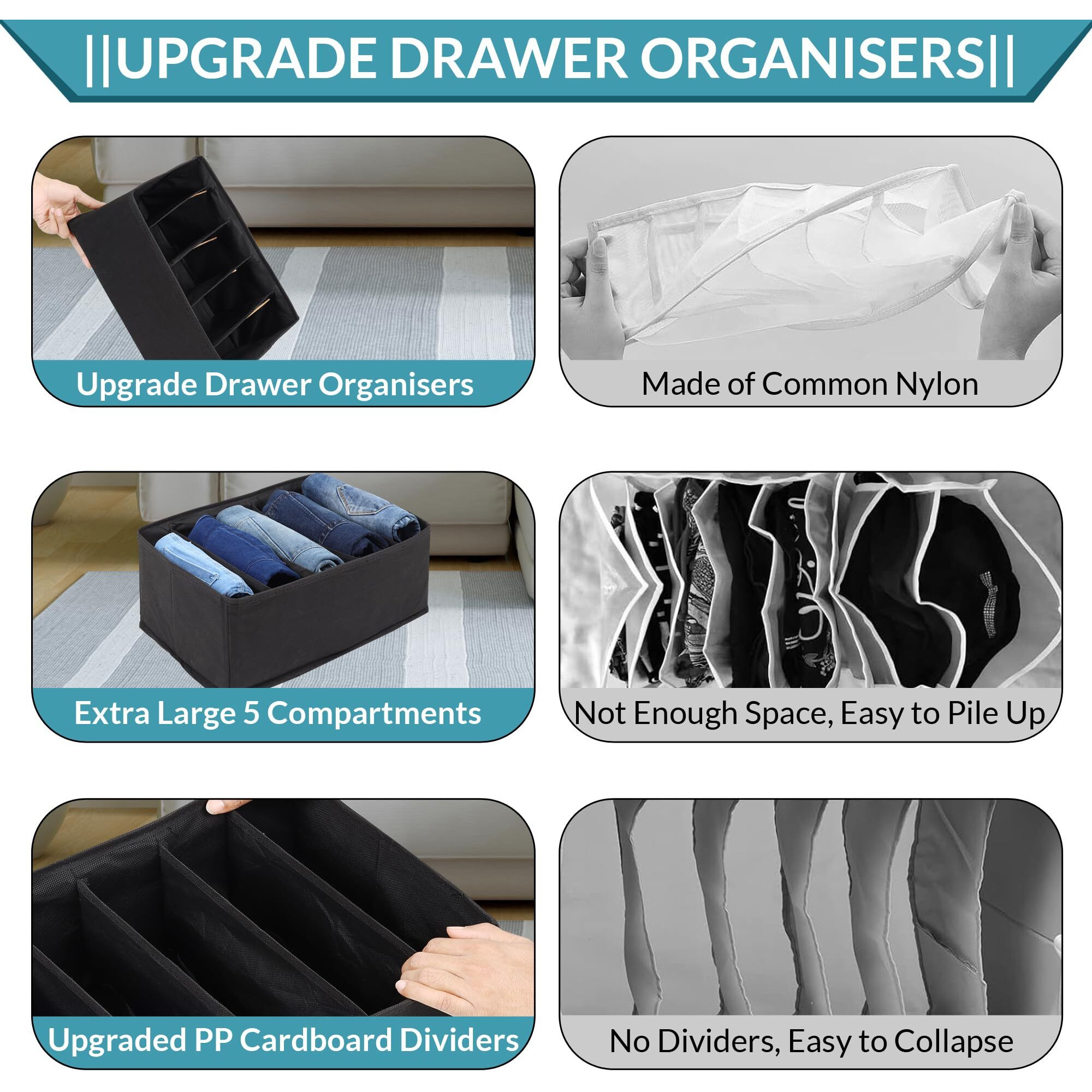 Double R Bags Clothes Drawer Organizer For Jeans,Wardrobe Clothes Organizer For Folded Clothes,Clothes Storage Organizer For Jeans,Sweater,Dresses,T-Shirts. (Black, Pack Of 3)