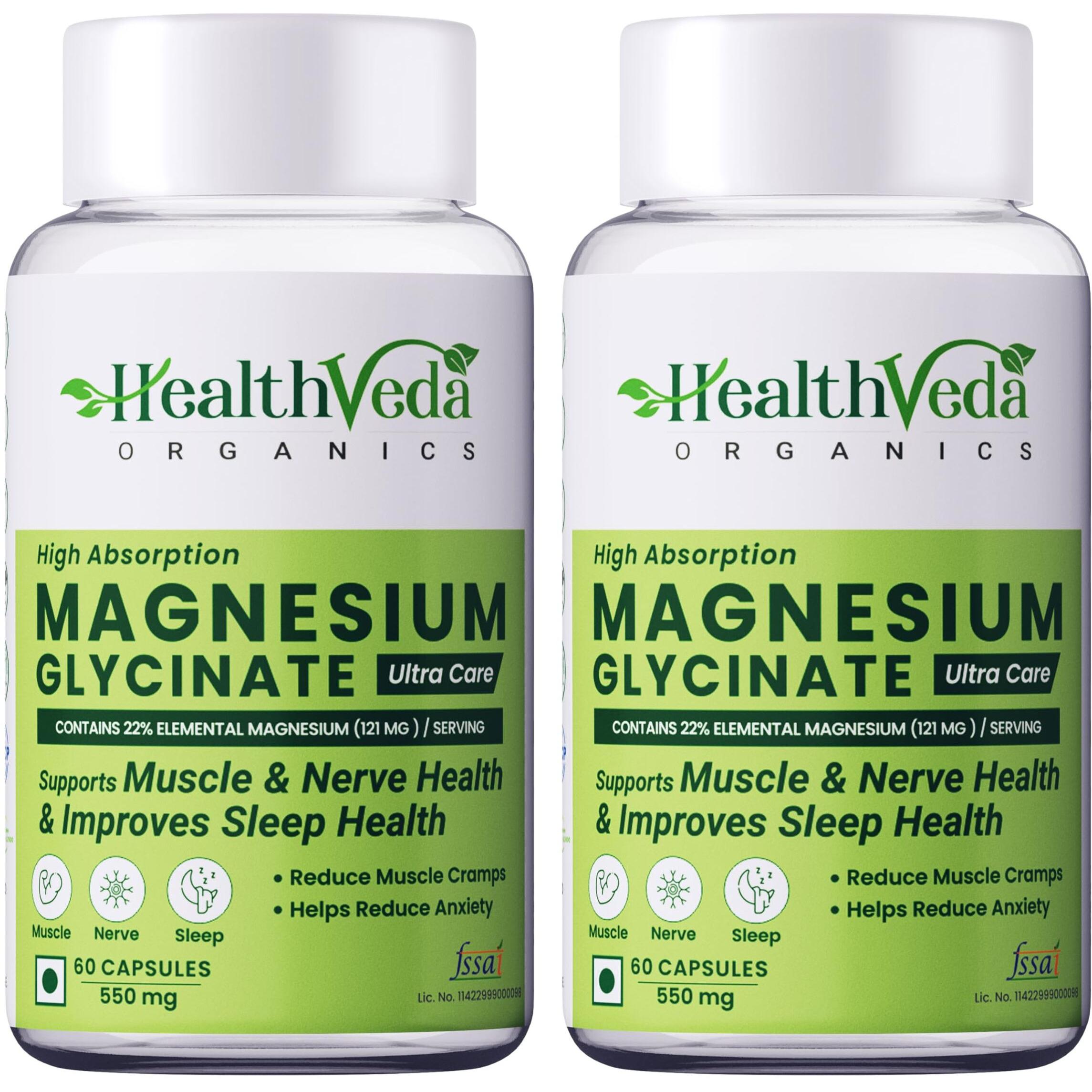 Health Veda Organics Private Limited High Absorption Magnesium Glycinate, 550Mg | 120 Veg Capsules | Supports Nerve & Muscle Health | Improves Sleep Quality | For Both Men & Women (Pack Of 2)