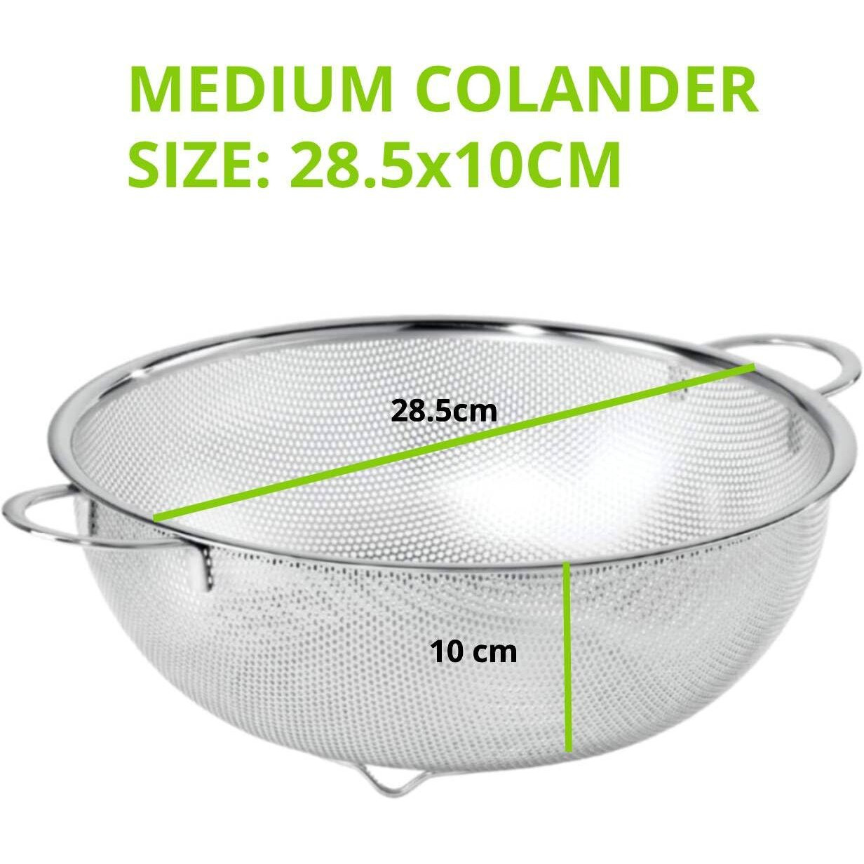 Freshome Multipurpose Stainless Steel Collander For Washing Fruits, Vegetables Filter Easily In The Kitchen Bowl (Medium) 28.5X10 Centimeters, Silver