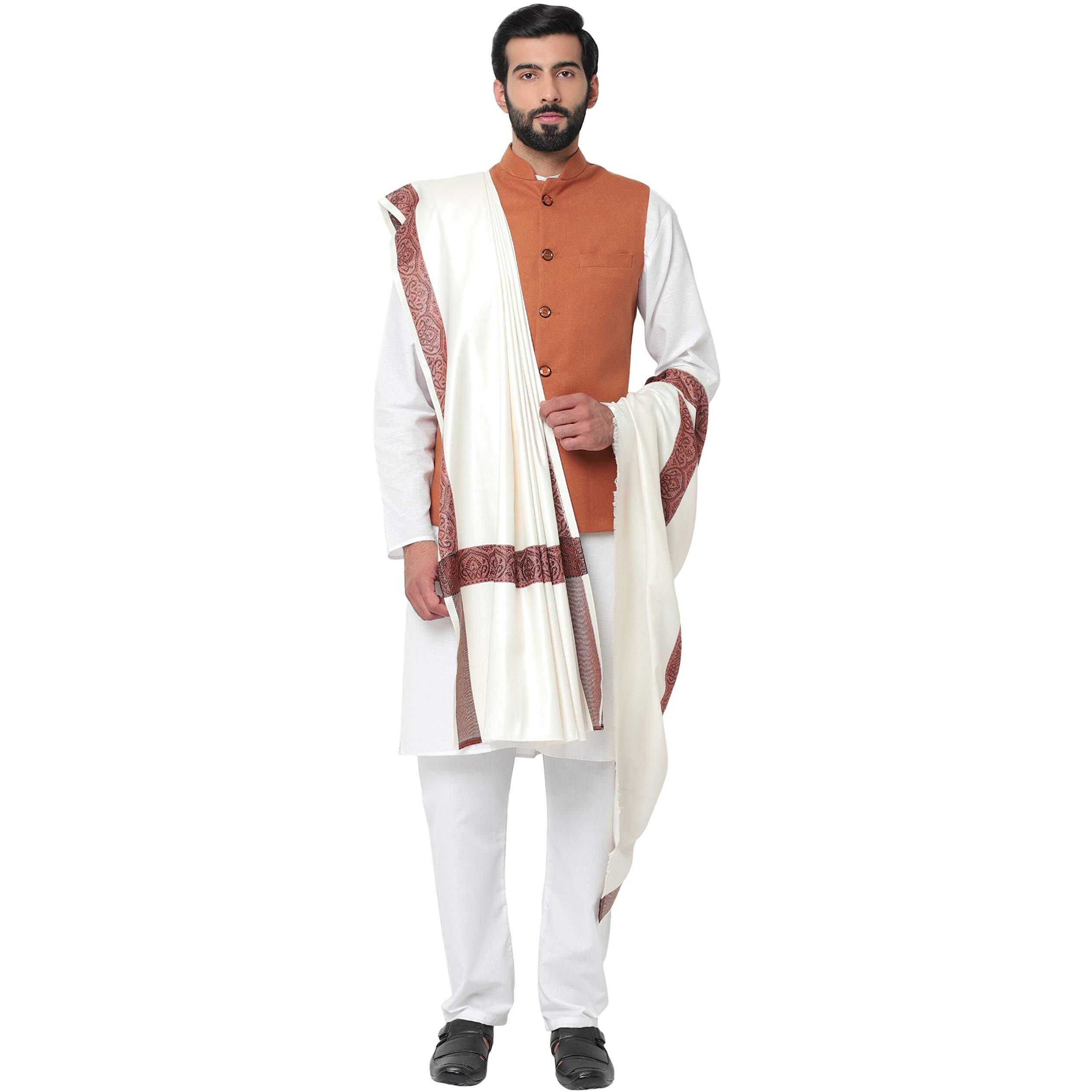 Weavers Villa Men's Woven Border White Woollen Lohi/Shawl, 125Cm X 250Cm