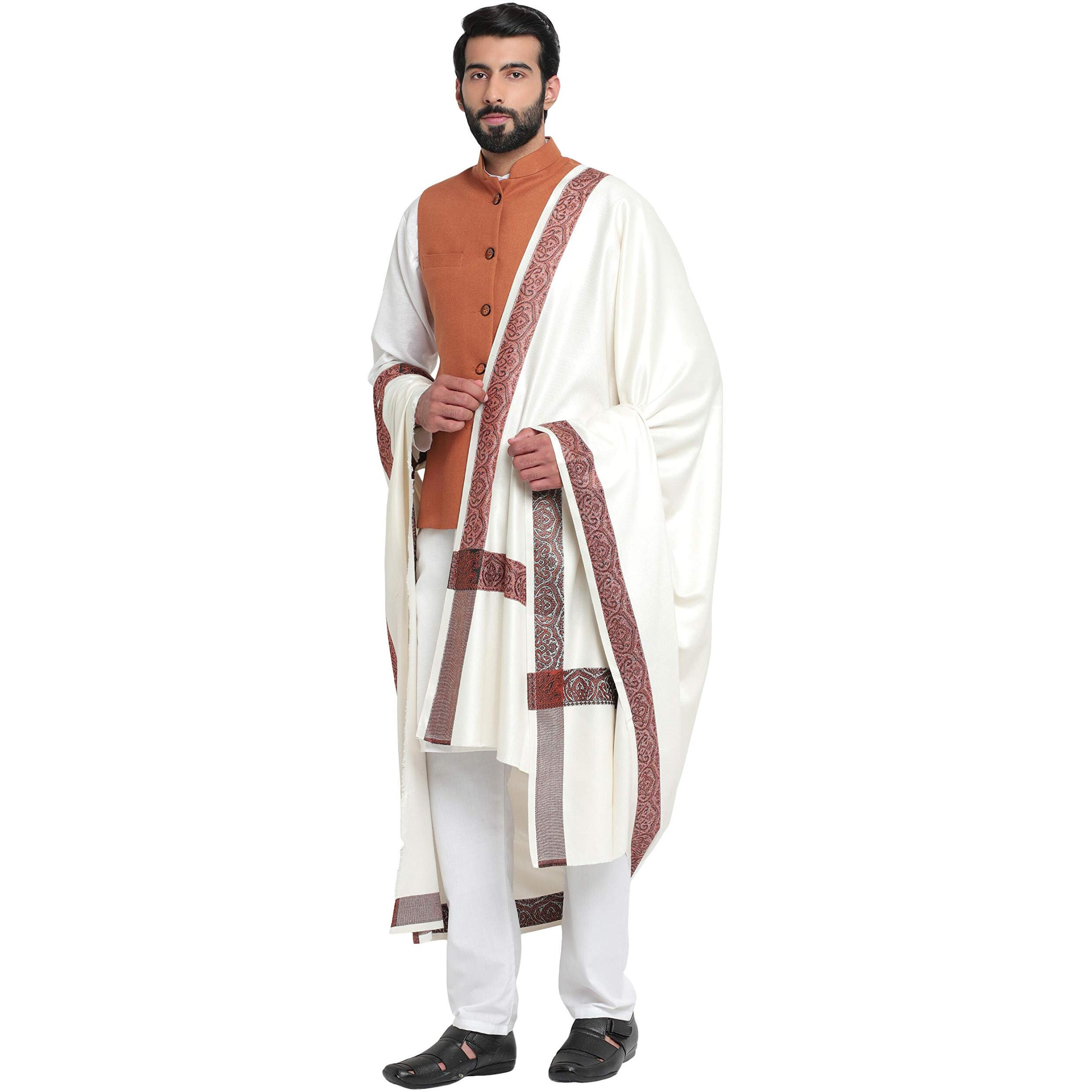 Weavers Villa Men's Woven Border White Woollen Lohi/Shawl, 125Cm X 250Cm