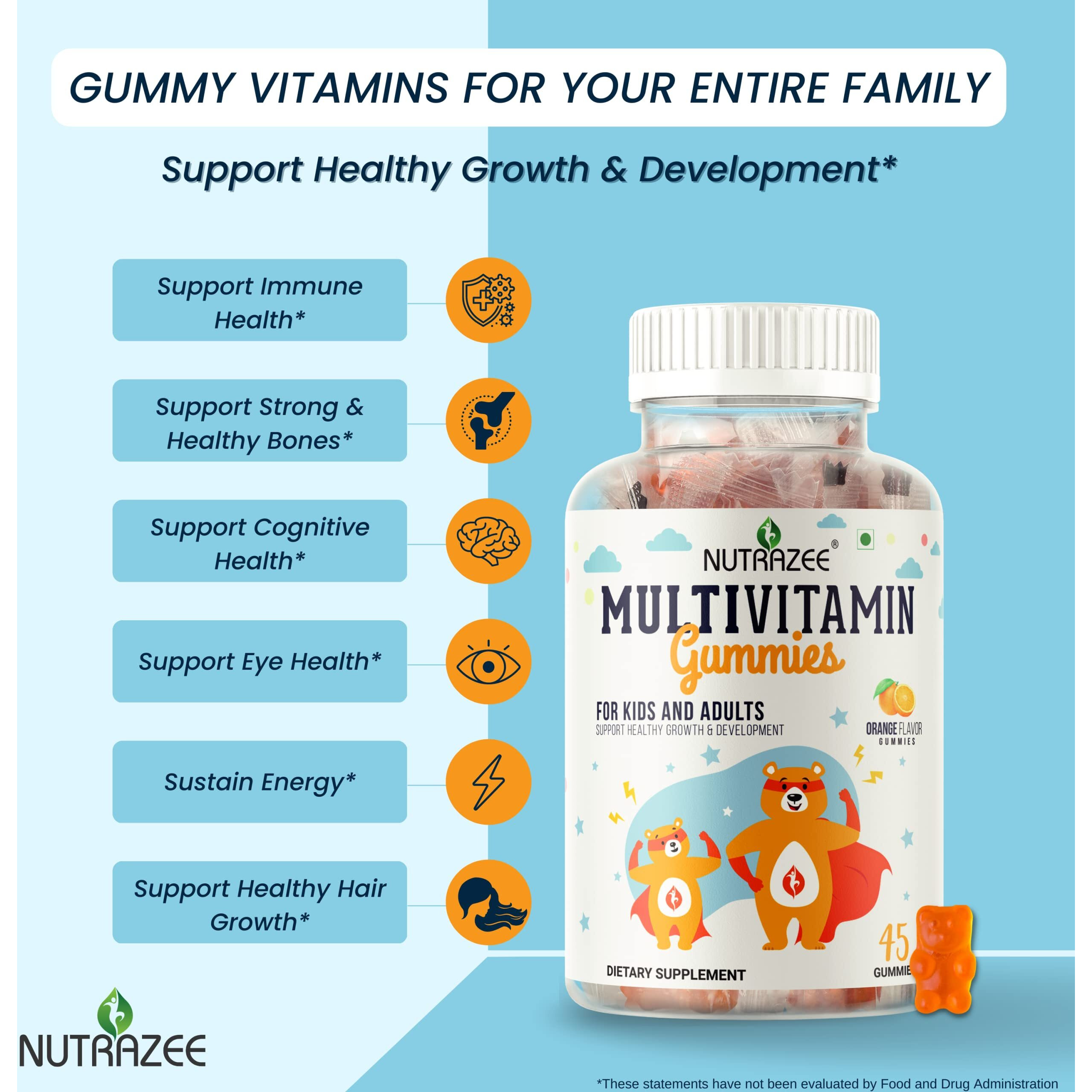 Nutrazee Multivitamin Gummies For Kids, Men & Women, Supplement With Biotin & Essential Vitamins For Healthy Growth, Development & Immunity, 45 Gummy Bears