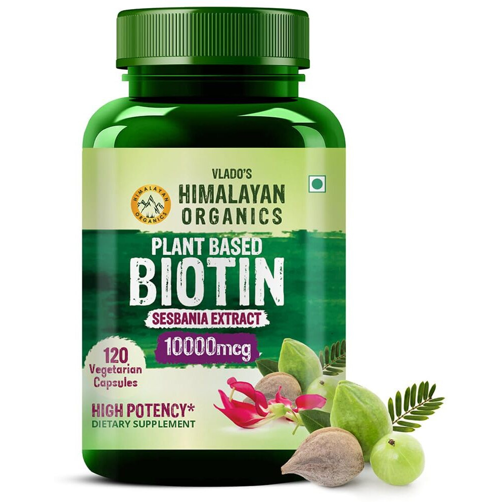 VladoS Himalayan Organics Plant Based Biotin 10000Mcg For Longer Hair Growth | Glowing Skin And Longer Nails Supplement | For Men And Women - 120 Veg Capsules