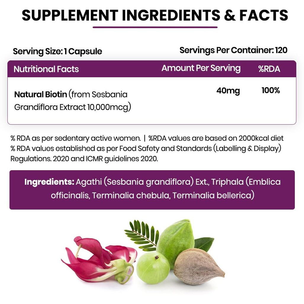 VladoS Himalayan Organics Plant Based Biotin 10000Mcg For Longer Hair Growth | Glowing Skin And Longer Nails Supplement | For Men And Women - 120 Veg Capsules