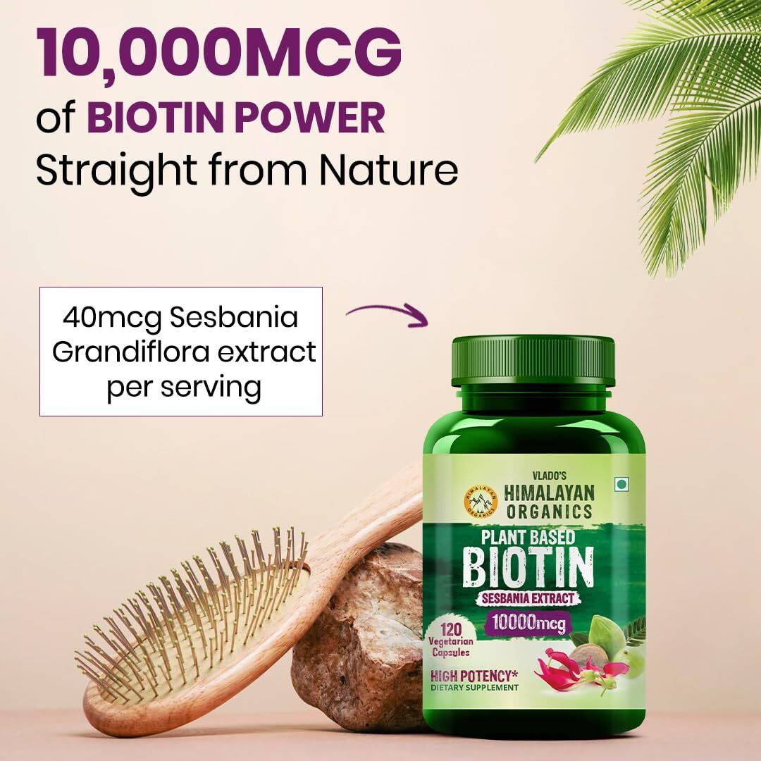 VladoS Himalayan Organics Plant Based Biotin 10000Mcg For Longer Hair Growth | Glowing Skin And Longer Nails Supplement | For Men And Women - 120 Veg Capsules