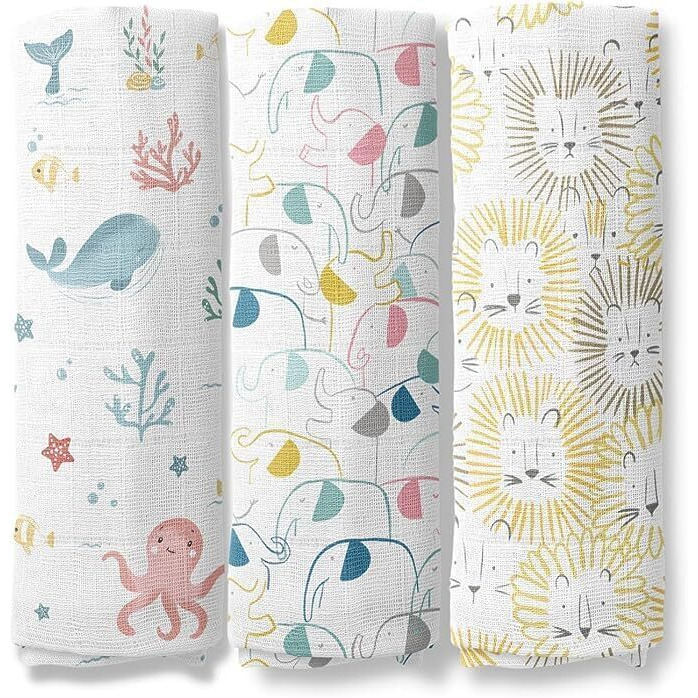 Haus & Kinder 100% Cotton Muslin Swaddle For New Born Baby-Soft Swaddle Cloth For New Born | Baby Swaddle Wrap For New Born | Multicolor Muslin Cloth For New Born Baby Set, Swaddlers, 3 Pc, 100X100Cm