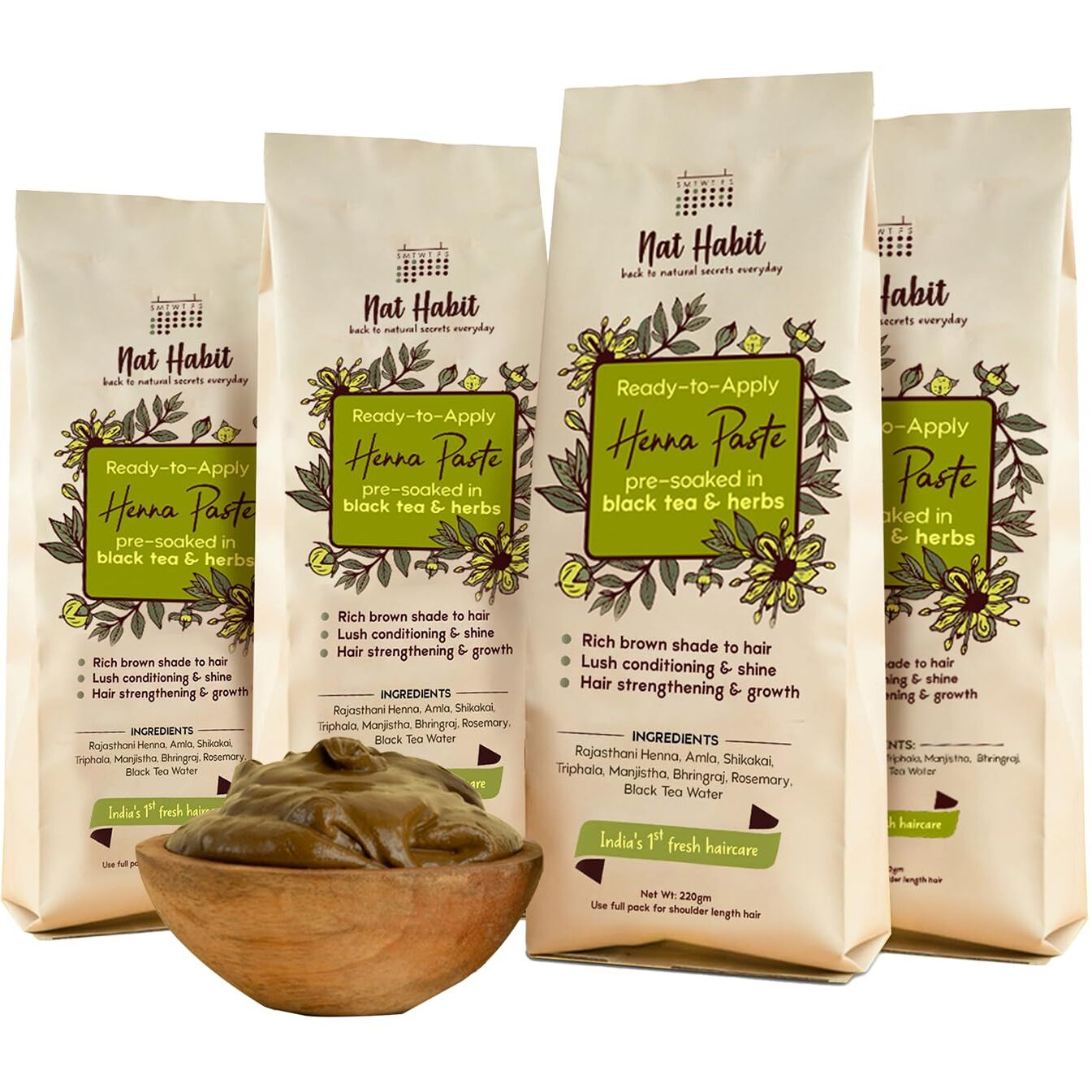 Nat Habit Henna Paste, Pre-Soaked In Black Tea And Herbs, 100% Natural Rajasthani Henna - (Pack Of 4 X 220G)