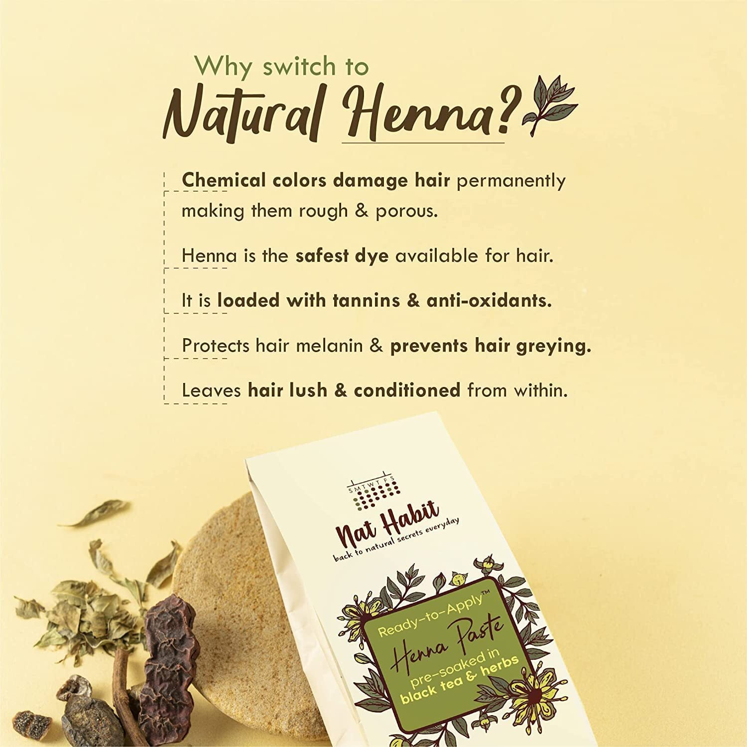 Nat Habit Henna Paste, Pre-Soaked In Black Tea And Herbs, 100% Natural Rajasthani Henna - (Pack Of 4 X 220G)