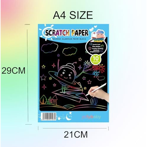 Jellybaby Rainbow Scratch Art Paper For Kids Creative Art,Black Scratch Sheets And Craft Return Gift Idea For Kids 4 Years And Above (Pack Of 5)