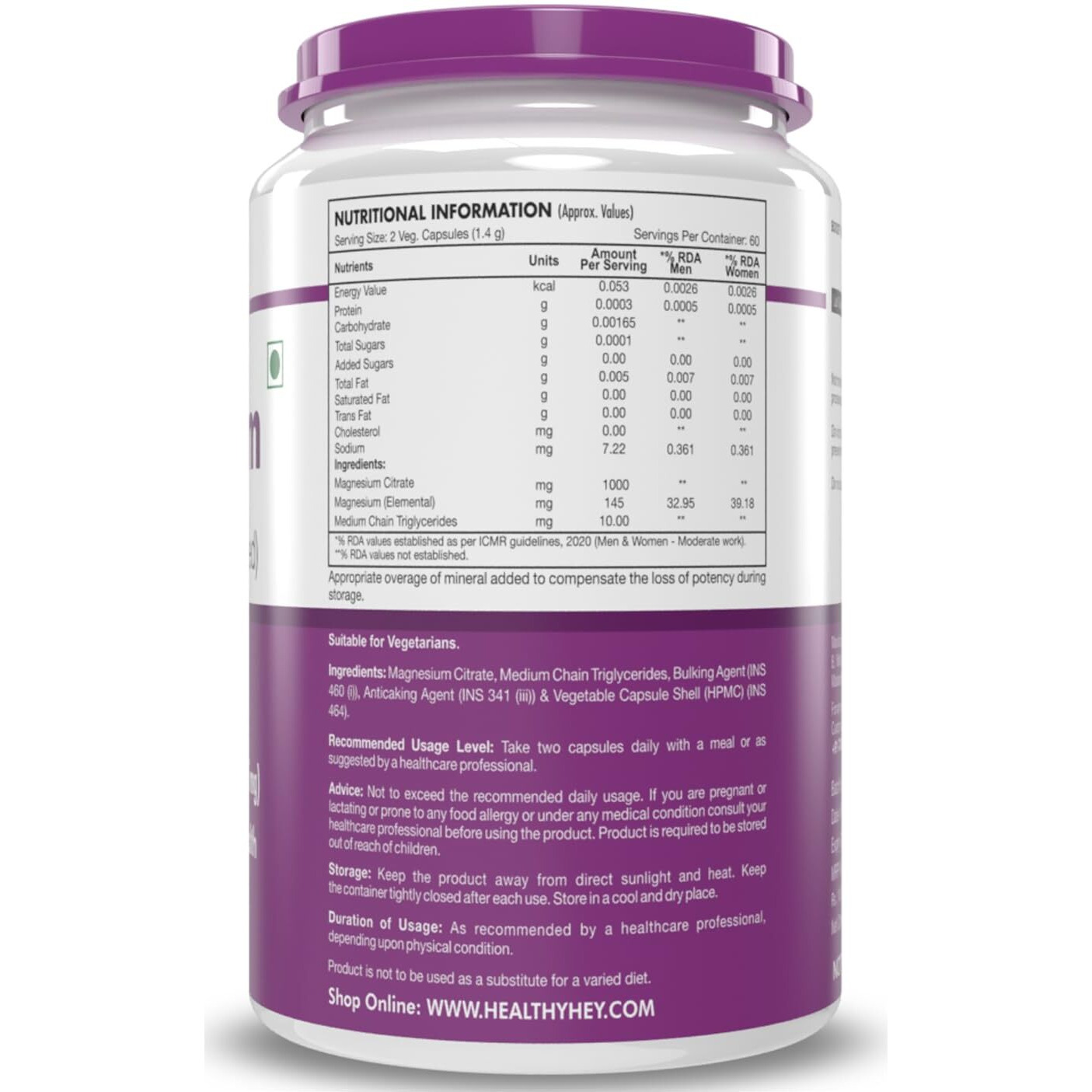 Healthyhey Nutrition Magnesium Citrate-120 Vegetable Capsules