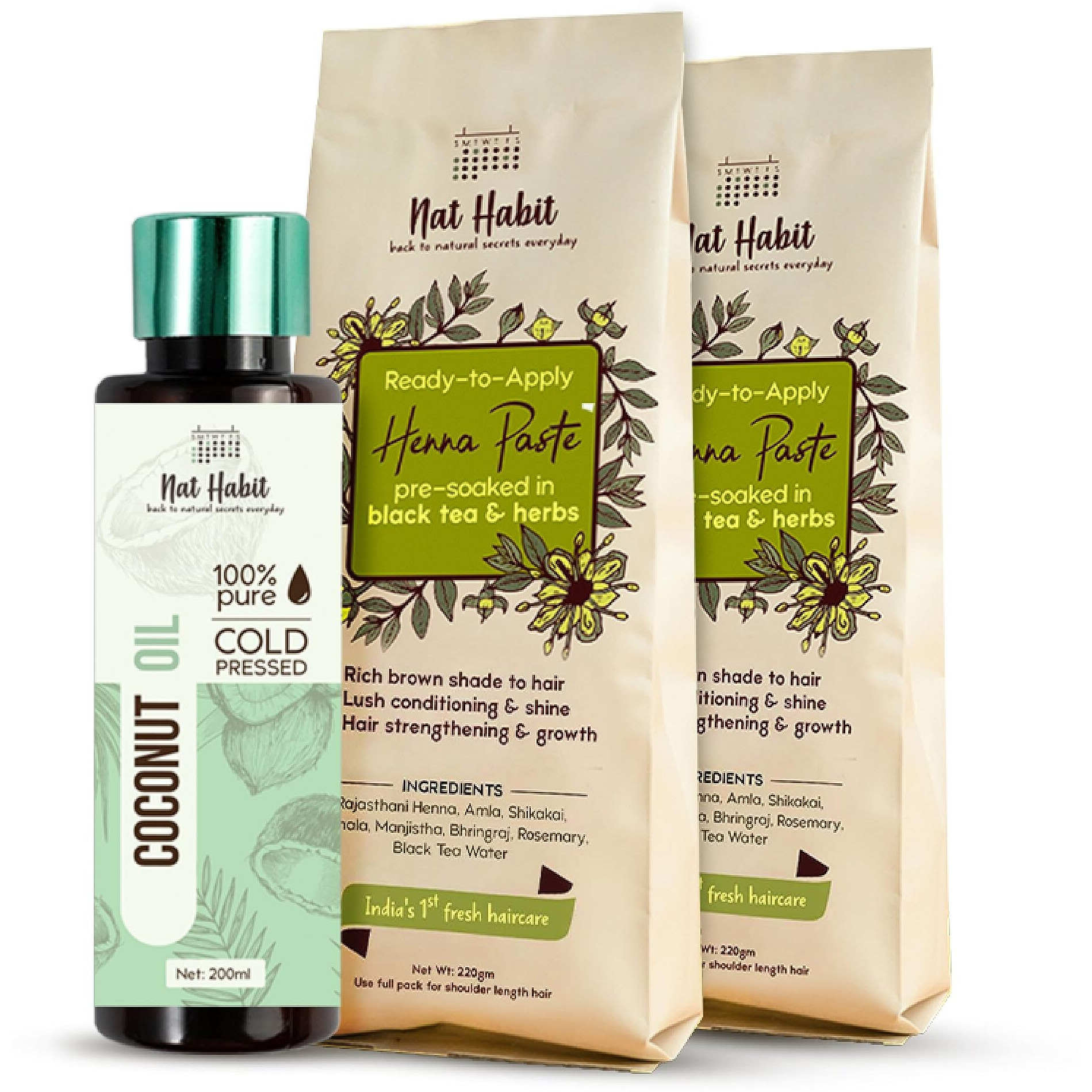 Nat Habit Fresh Ready-To-Apply Henna Paste & Cold-Pressed Coconut Oil Combo - The Perfect Choice For Deep Conditioning Hair & Healthy Scalp With Rich Dark Brown Color, Pack Of 3