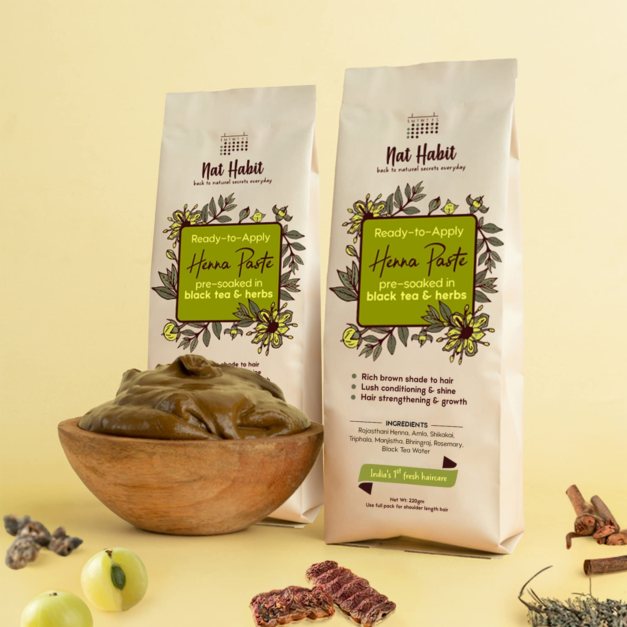 Nat Habit Fresh Ready-To-Apply Henna Paste & Cold-Pressed Coconut Oil Combo - The Perfect Choice For Deep Conditioning Hair & Healthy Scalp With Rich Dark Brown Color, Pack Of 3