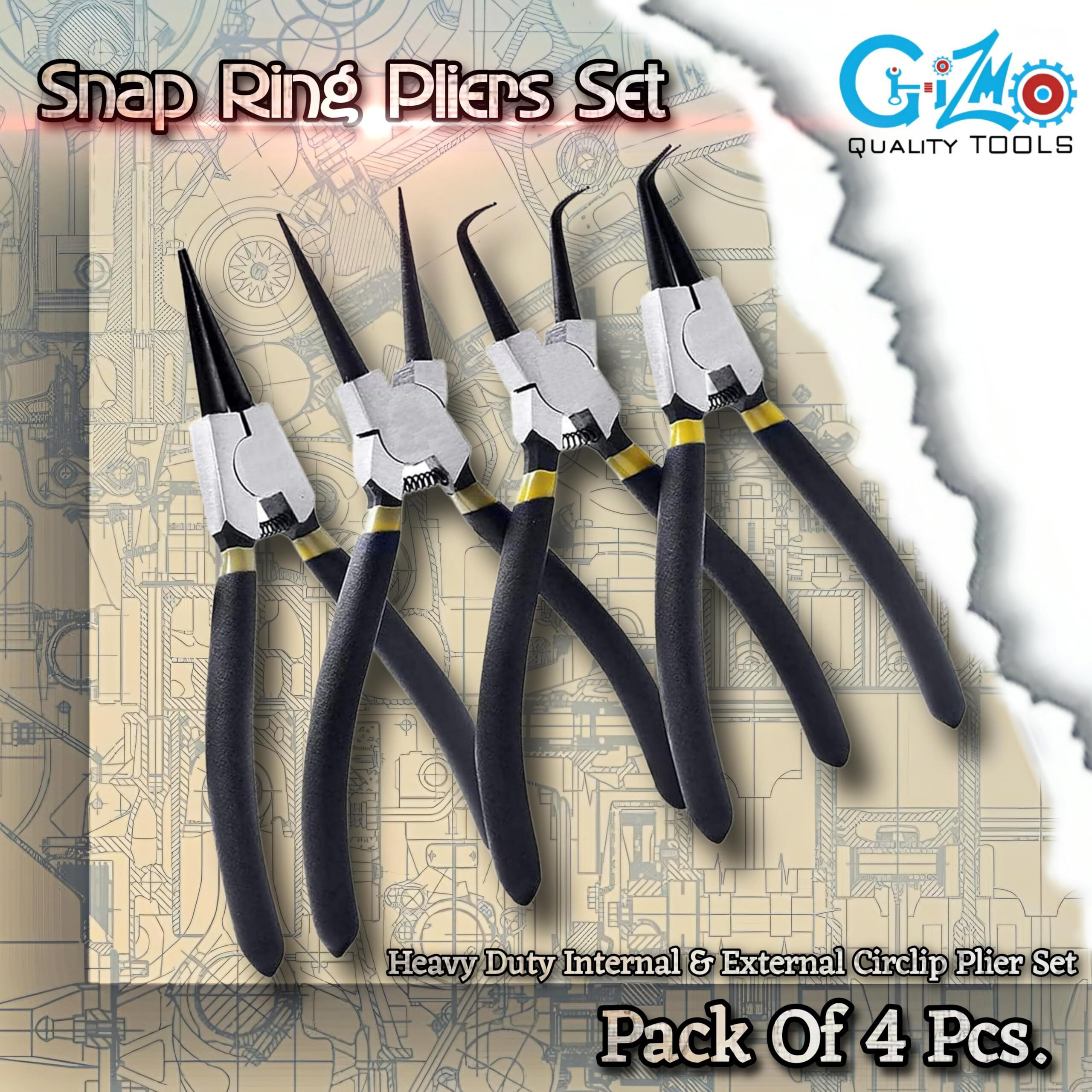 Gizmo Circlip Plier 7" Set Of 4 Pcs, Internal Bent Nose Circlip Plier, Interrnal Straight Nose Circlip Plier, External Bent Nose Circlip Plier