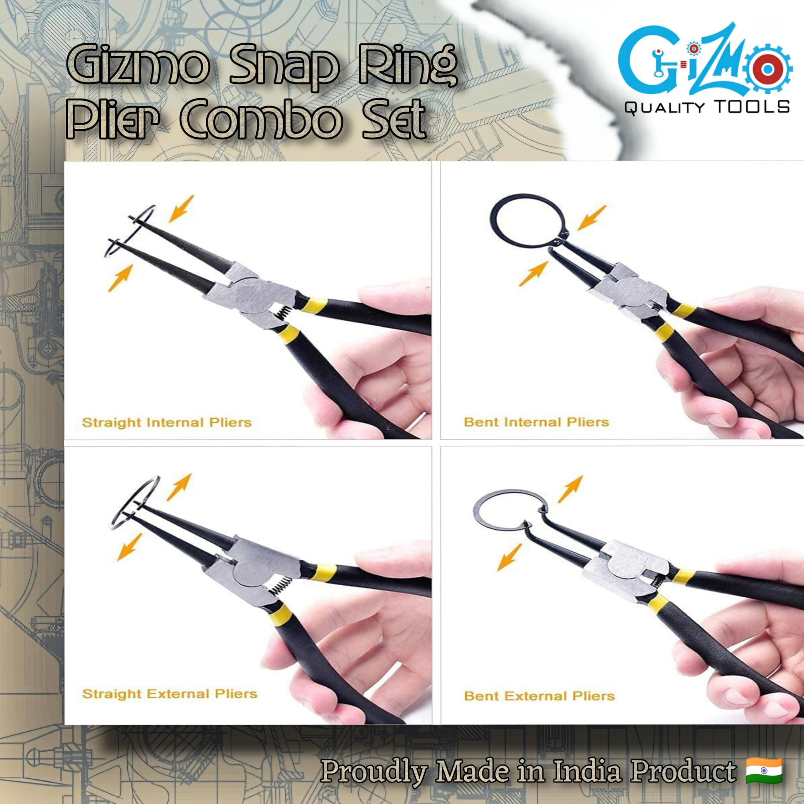 Gizmo Circlip Plier 7" Set Of 4 Pcs, Internal Bent Nose Circlip Plier, Interrnal Straight Nose Circlip Plier, External Bent Nose Circlip Plier