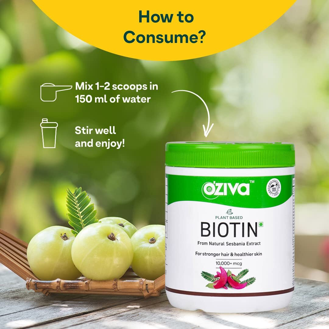 Oziva Plant Based Biotin For Hair Growth| Biotin Powder For Increased Hair Density, Shinier Hair, Healthier Skin & Nails (With Silica, Sesbania Agati), Certified Clean & Vegan, 125G (Classic)