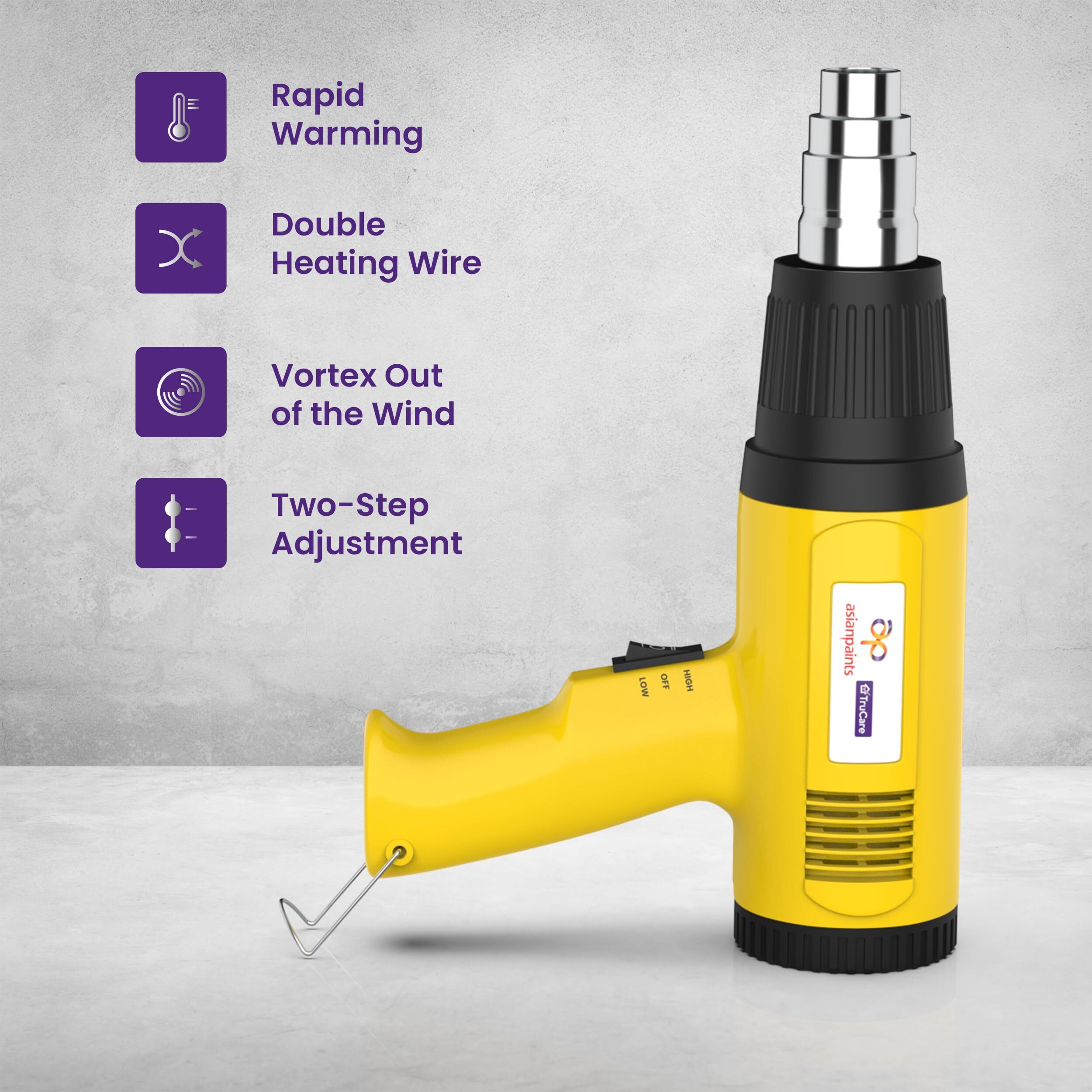 Asian Paints Trucare Heat Gun 1800 Watt Quick Hot Air Blower With Dual Temperature Setting & Nozzle Attachment For Indoor And Outdoor Shrink Wrapping Packing Drying Paint Coats (Pack Of 1, Yellow)
