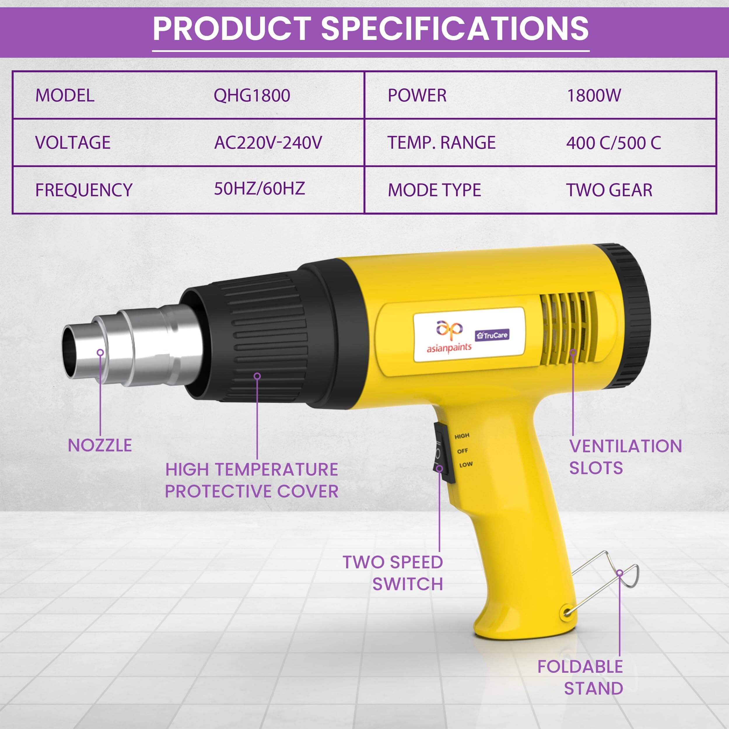 Asian Paints Trucare Heat Gun 1800 Watt Quick Hot Air Blower With Dual Temperature Setting & Nozzle Attachment For Indoor And Outdoor Shrink Wrapping Packing Drying Paint Coats (Pack Of 1, Yellow)