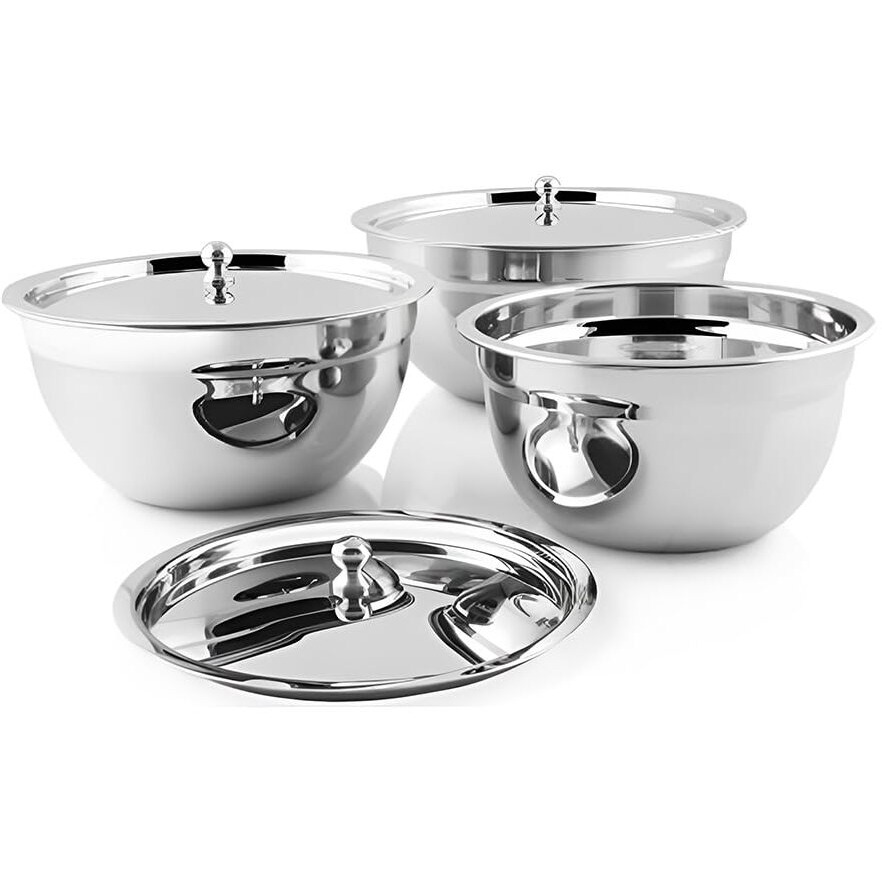 Shri & Sam Stainless Steel Serving Bowl With Stainless Steel Lid, 3 Pieces, Silver (Tezon)